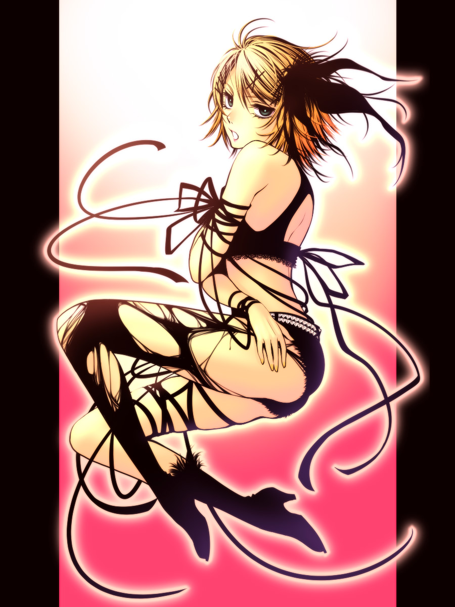 kayu, kagamine rin, vocaloid, highres, black boots, black thighhighs, blonde hair, blue eyes, boots, eyelashes, from side, full body, gradient background, hand on own thigh, high heel boots, high heels, invisible chair, leg ribbon, looking back, ribbon, short shorts, shorts, sitting, skindentation, solo, swept bangs, thigh ribbon, thighhighs, torn clothes, torn shorts, torn thighhighs