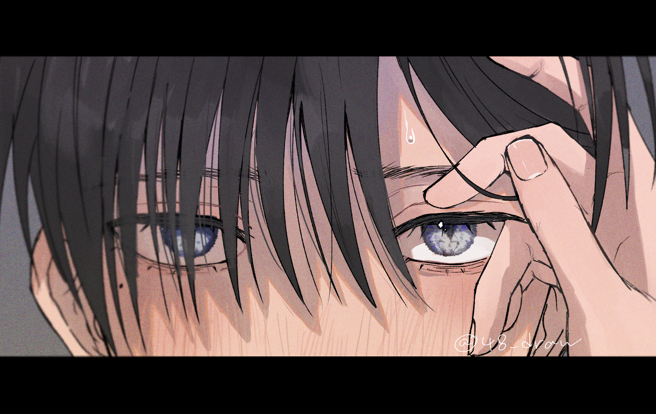indou hikaru, tsujinaka yoshiki, hikaru ga shinda natsu, commentary request, highres, 2boys, black hair, blush, eye reflection, grey eyes, hand in another's hair, letterboxed, looking at viewer, male focus, mole, mole under eye, multiple boys, out of frame, reflection, slit pupils, solo focus, sweatdrop, yaoi, yonhachi 48