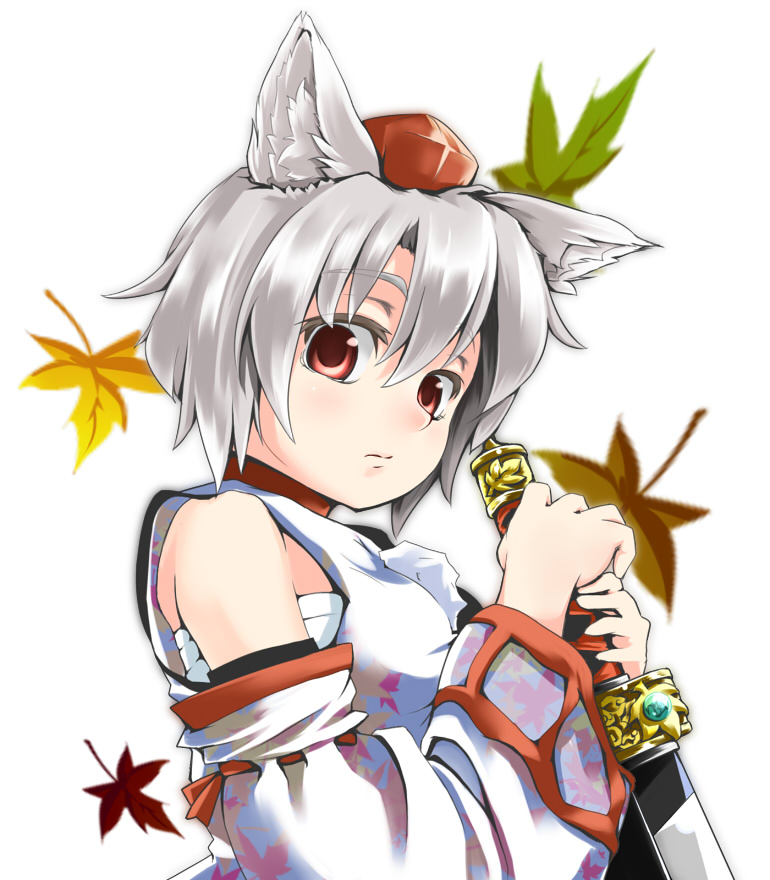 yamu (yamuyama web), inubashiri momiji, touhou, silver hair, 1girl, animal ears, detached sleeves, female focus, hat, red eyes, short hair, solo, sword, tokin hat, weapon, wolf ears