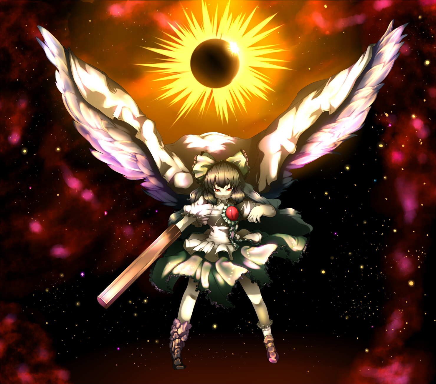 jinkou-kuu, reiuji utsuho, touhou, highres, 1girl, black hair, female focus, long hair, red eyes, skirt, solo, wings