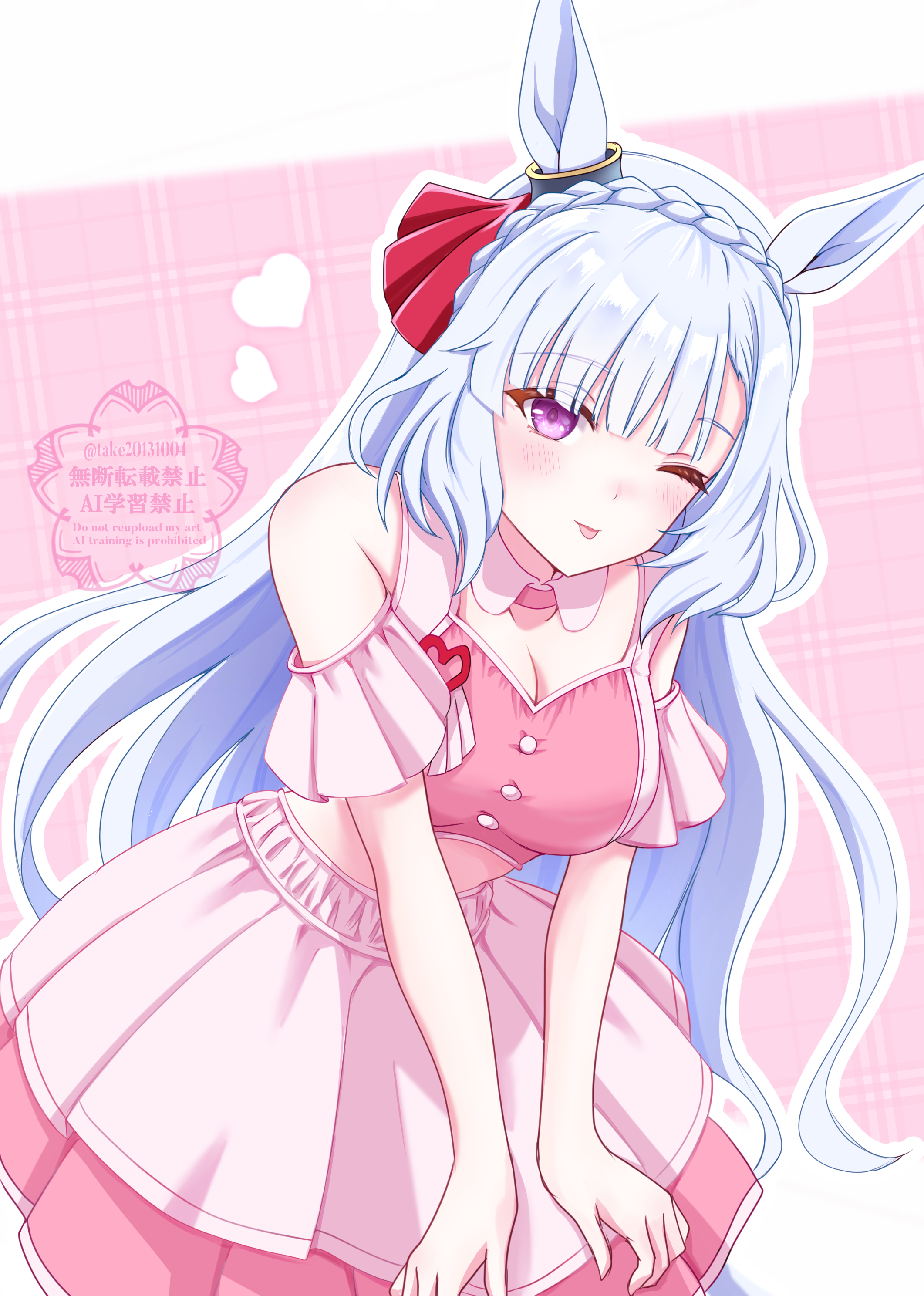 take20131004, mejiro ardan (umamusume), umamusume, absurdres, commentary request, highres, 1girl, animal ears, bare shoulders, blue hair, blush, braid, breasts, cleavage, closed mouth, clothing cutout, cropped shirt, crown braid, detached collar, ear ornament, heart, horse ears, horse girl, large breasts, layered skirt, long hair, looking at viewer, meni shuki rush-sshu!, midriff, one eye closed, pink shirt, pink skirt, purple eyes, shirt, shoulder cutout, skirt, smile, solo, tongue, tongue out