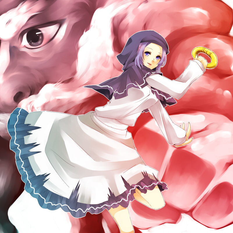 yutazou, kumoi ichirin, unzan, touhou, bad id, bad pixiv id, 1boy, 1girl, blue eyes, bracelet, clenched hand, cloud, hood, jewelry, leg lift, nun, purple hair, ring