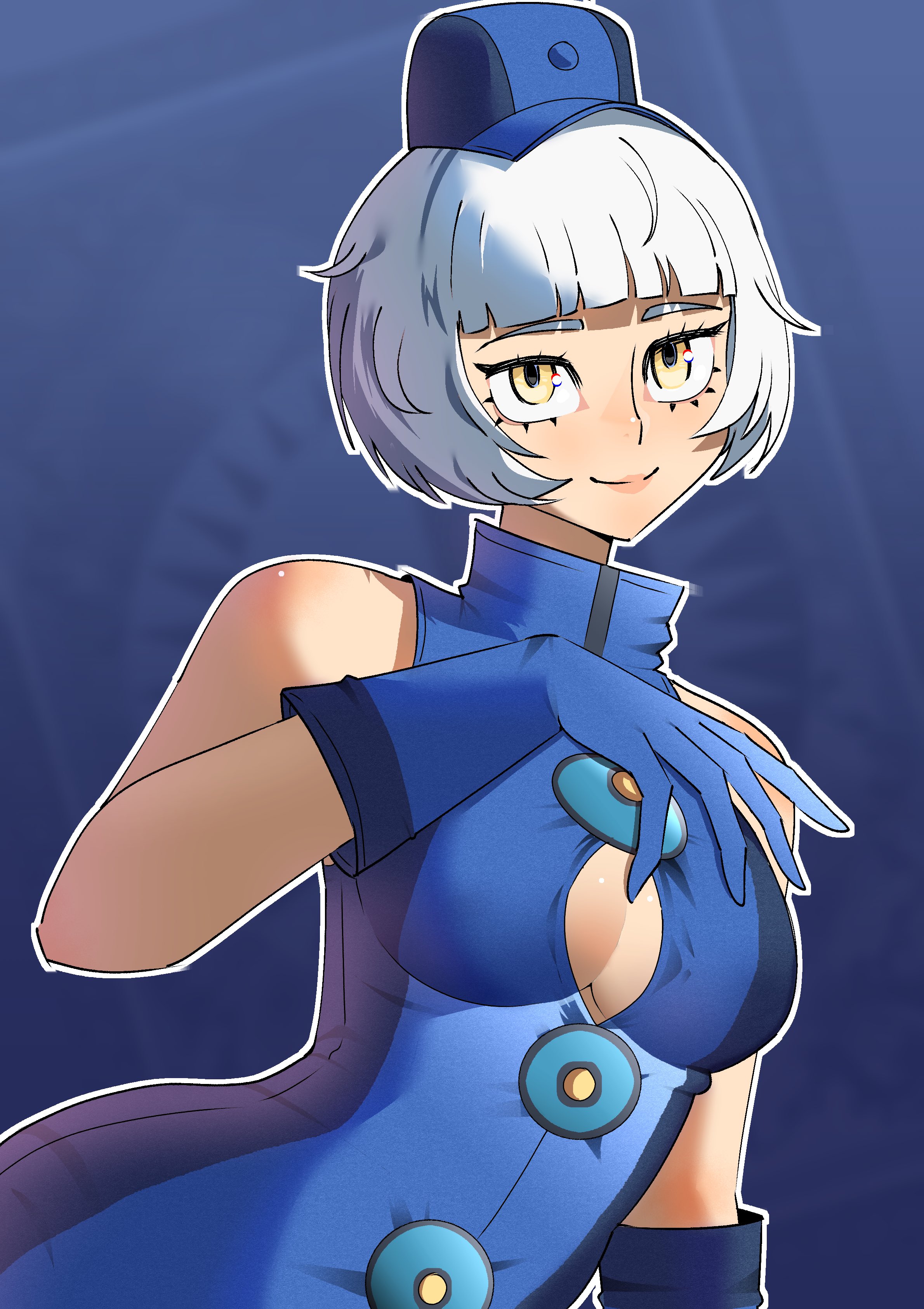 gjh, elizabeth (persona), persona, persona 3, persona 3 portable, persona 3 reload, absurdres, commentary, english commentary, highres, blue dress, blue gloves, blue hat, breasts, cleavage, dress, gloves, hat, open clothes, short hair, solo, white hair, yellow eyes