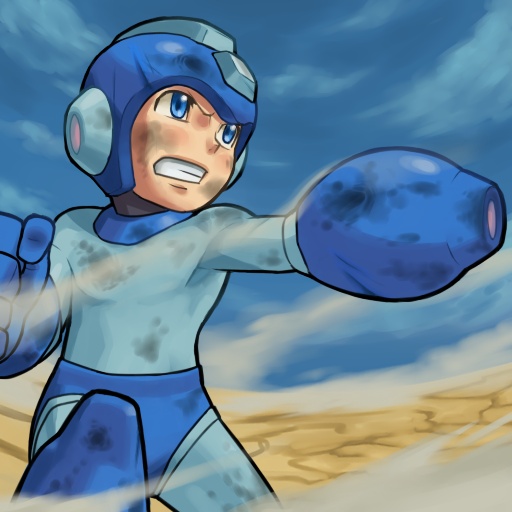 mega man (character), capcom, mega man (classic), mega man (series), 1boy, arm cannon, blue eyes, bruise, day, desert, injury, male focus, outdoors, sky, solo, weapon