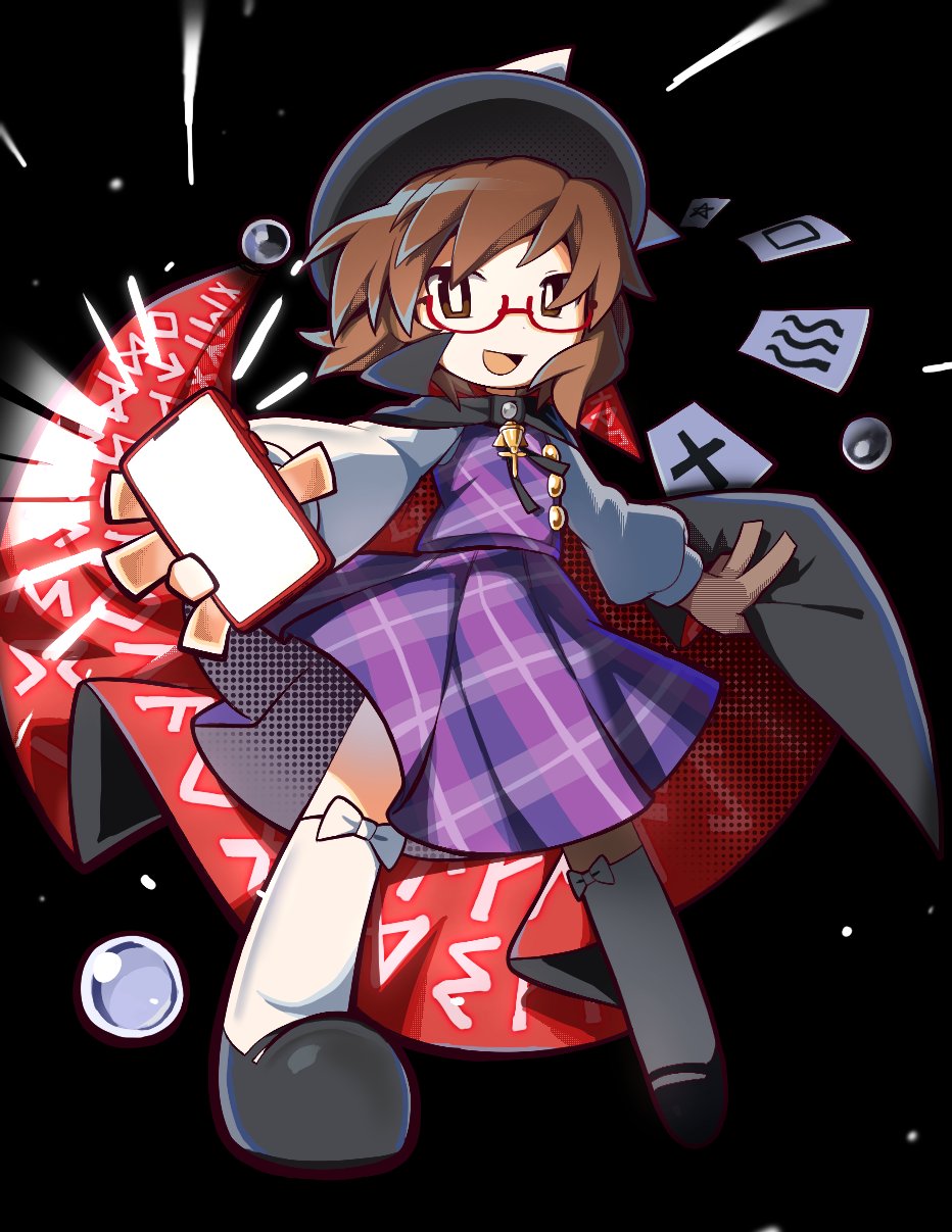 kokum0tsu, usami sumireko, touhou, commentary, highres, 1girl, black background, black cape, black hat, black shoes, bow, bow legwear, bright pupils, brown eyes, brown hair, camera flash, cape, card, cellphone, collared capelet, dated commentary, dot nose, dress, floating cape, floating clothes, floating hair, full body, glasses, gold buttons, hair over shoulder, halftone, happy, hat, hat bow, high collar, holding, holding phone, kneehighs, legs apart, long sleeves, looking at viewer, low twintails, mary janes, medium dress, medium hair, open mouth, orb, phone, plaid clothes, plaid dress, pleated dress, print cape, puffy long sleeves, puffy sleeves, purple dress, red-framed eyewear, red cape, runes, shirt, shirt under dress, shoes, short twintails, simple background, sleeveless, sleeveless dress, smartphone, smile, socks, solo, standing, tsurime, twintails, two-sided cape, two-sided fabric, white bow, white pupils, white shirt, white socks