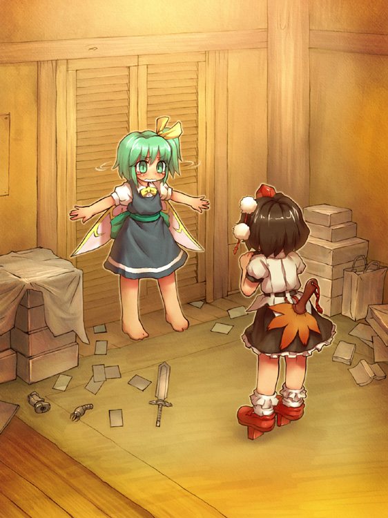 sankuma, daiyousei, shameimaru aya, shoot the bullet, touhou, 2girls, bag, barefoot, book, box, brown hair, dress, female focus, geta, green eyes, green hair, hair ribbon, hand fan, hat, multiple girls, otaku, ribbon, short hair, side ponytail, skirt, sword, tengu-geta, tokin hat, weapon, wings