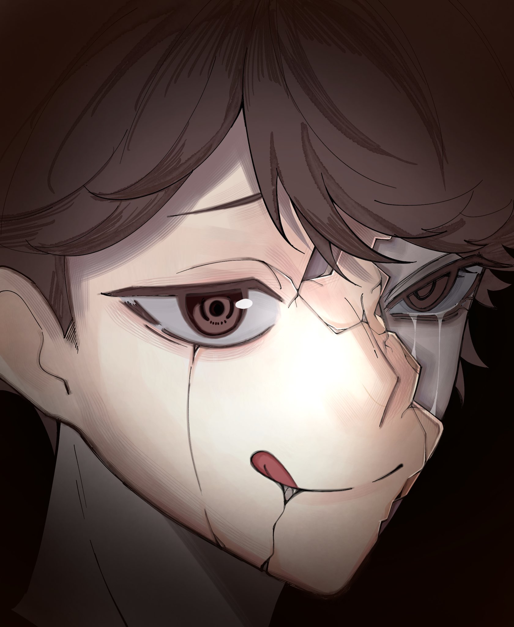 oikawa tooru (haikyuu!!), haikyuu!!, commentary request, highres, 1boy, :d, black background, broken mask, brown eyes, brown hair, closed mouth, crack, cracked kawaii mask, crying, crying with eyes open, eustoma 0720, male focus, mask, open mouth, parted bangs, portrait, simple background, smile, solo, streaming tears, tears, tongue, tongue out