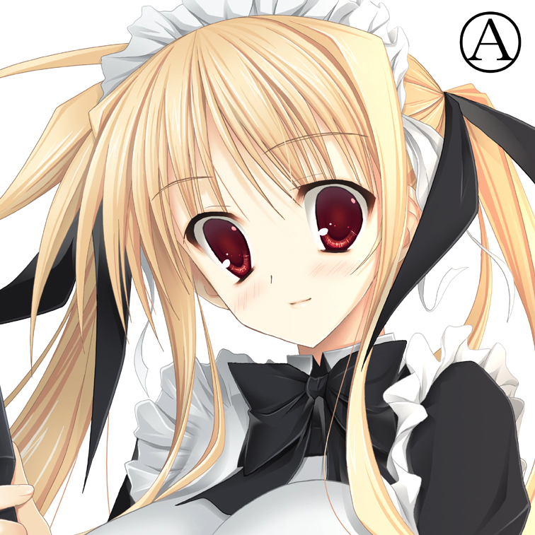 ashermes, bardiche (nanoha), fate testarossa, lyrical nanoha, mahou shoujo lyrical nanoha, mahou shoujo lyrical nanoha strikers, bad id, bad pixiv id, 00s, apron, blonde hair, blush, bow, breasts, hairband, huge breasts, long hair, maid, maid apron, portrait, red eyes, simple background, twintails, white background