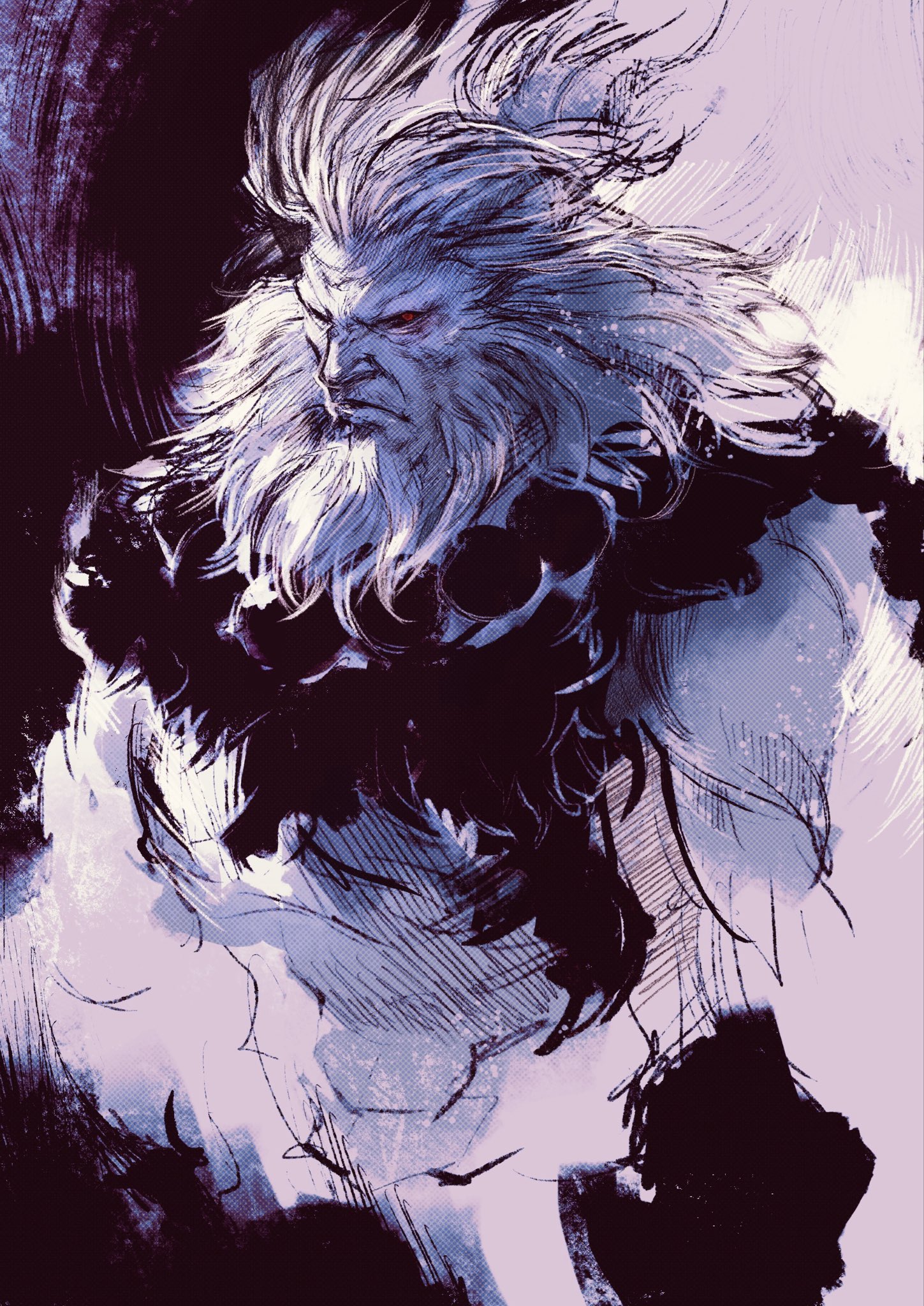 kannoaki, akuma (street fighter), street fighter, street fighter 6, commentary, english commentary, highres, 1boy, abs, beard, closed mouth, facial hair, frown, full beard, greyscale, jewelry, male focus, monochrome, necklace, red eyes, solo, standing, topless male, upper body, wrinkled skin