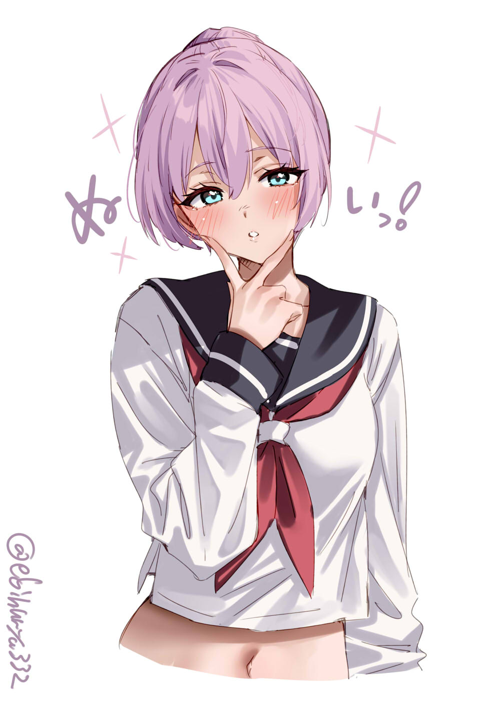 ebifurya, shiranui (kancolle), kantai collection, commentary request, highres, translation request, 1girl, black sailor collar, blue eyes, blush, breasts, crop top, cropped torso, hair between eyes, hair intakes, hand up, head tilt, long sleeves, looking at viewer, navel, neckerchief, one-hour drawing challenge, pink hair, ponytail, red neckerchief, sailor collar, school uniform, serafuku, shirt, simple background, small breasts, solo, twitter username, upper body, white background, white shirt