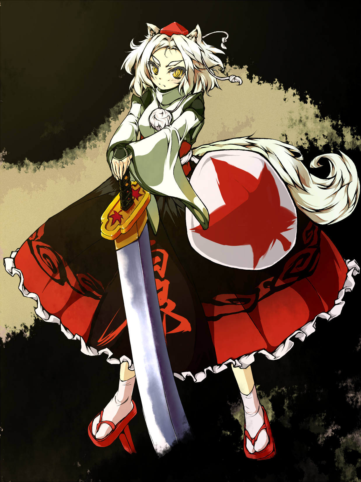 downagi, inubashiri momiji, touhou, eyebrows, silver hair, highres, 1girl, animal ears, detached sleeves, female focus, geta, hat, shield, short hair, solo, sword, tail, tengu-geta, tokin hat, weapon, wolf ears, wolf tail, yellow eyes