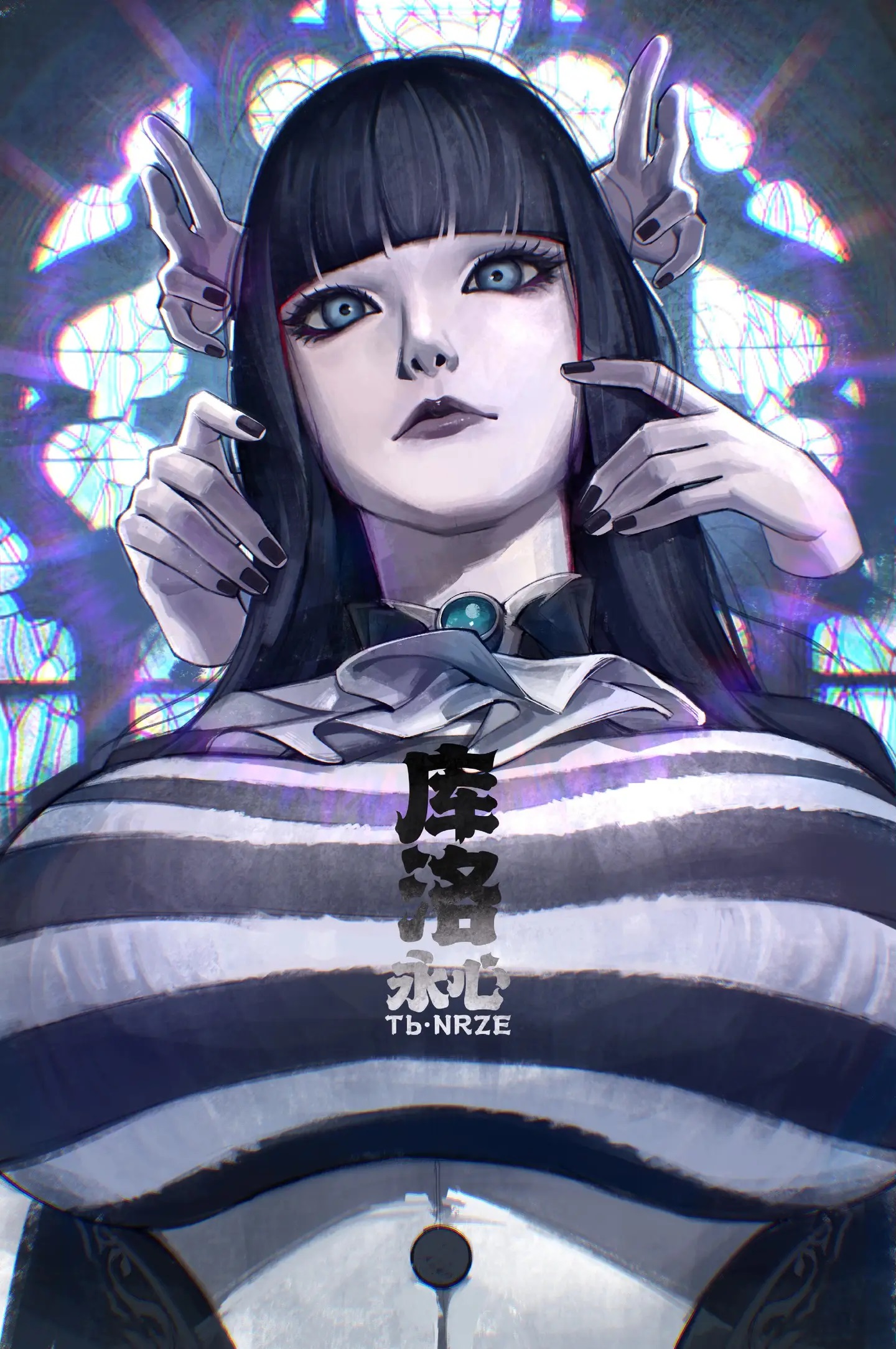 tb nrze, kuro (under the witch), under the witch, chinese commentary, highres, painting (medium), traditional media, 1girl, 2025, architecture, arms at sides, artist name, ascot, black coat, black eyes, black hair, black lips, black nails, breasts, buttons, chromatic aberration, closed mouth, coat, collarbone, colored skin, disembodied hand, expressionless, extra arms, eyebrows hidden by hair, female focus, gesture, gothic architecture, head tilt, heattech leotard, hime cut, indoors, large breasts, long hair, looking at viewer, solo, standing, straight hair, striped clothes, trench coat, upper body, white ascot, white skin