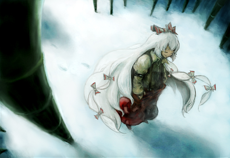 amagaya (rat-tat-tat), fujiwara no mokou, touhou, silver hair, bad id, bad pixiv id, 1girl, bamboo, bamboo forest, female focus, footprints, forest, hair ribbon, long hair, nature, ribbon, snow, solo, suspenders