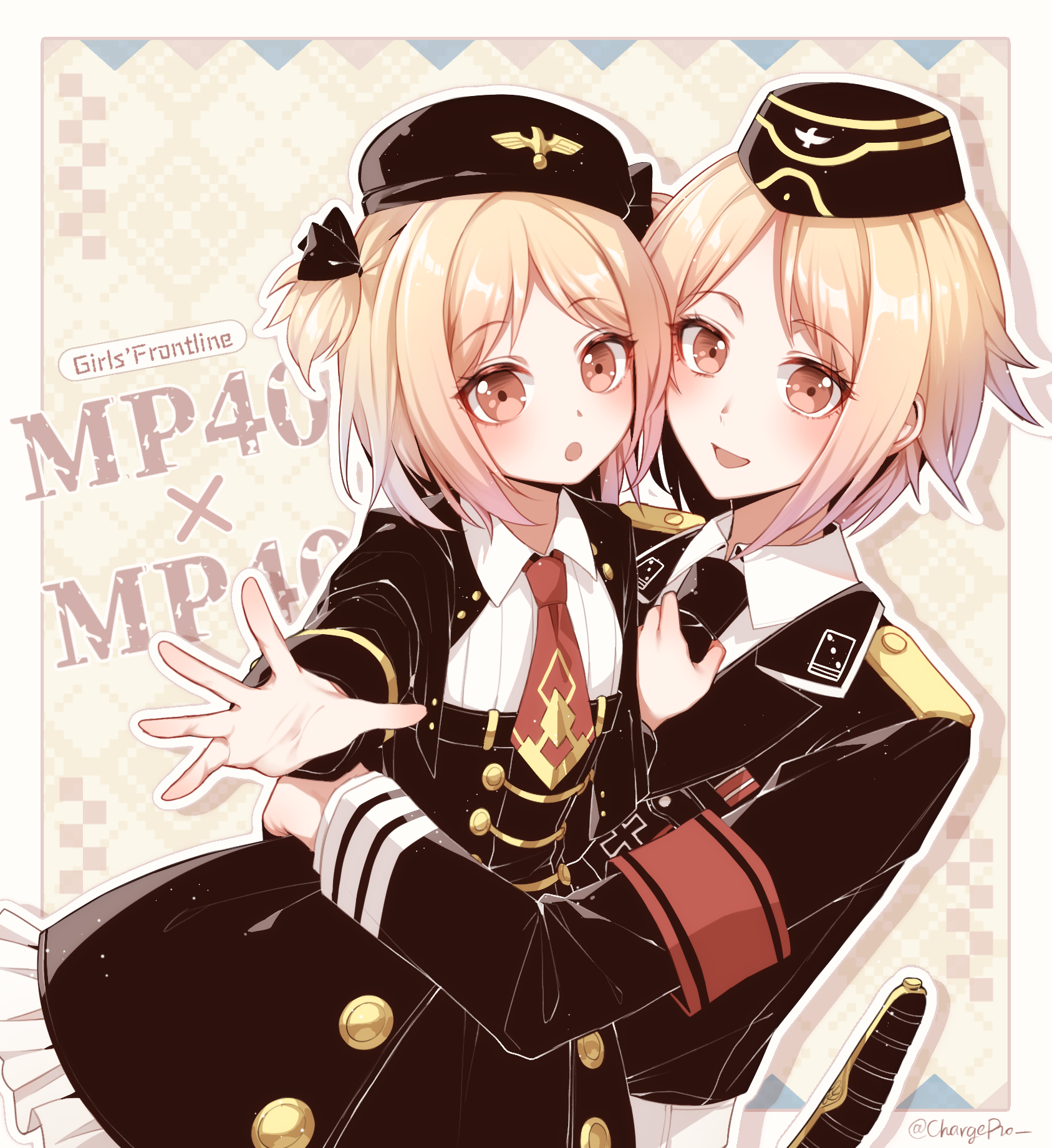 shadow71580825, mp40 (girls' frontline), mp40 (thumbelina) (girls' frontline), girls' frontline, commentary, commission, english commentary, highres, pixiv commission, 2girls, :d, black coat, black dress, black hat, black necktie, black ribbon, blonde hair, blush, breasts, buttons, carrying, carrying person, clone, clothes grab, coat, collared shirt, copyright name, cross, curious, double-breasted, dress, hair ribbon, happy, hat, iron cross, medium hair, military uniform, multiple girls, necktie, necktie grab, neckwear grab, open mouth, orange eyes, outstretched arm, reaching, reaching towards viewer, red necktie, ribbon, shirt, short necktie, small breasts, smile, upper body, white shirt, yellow eyes