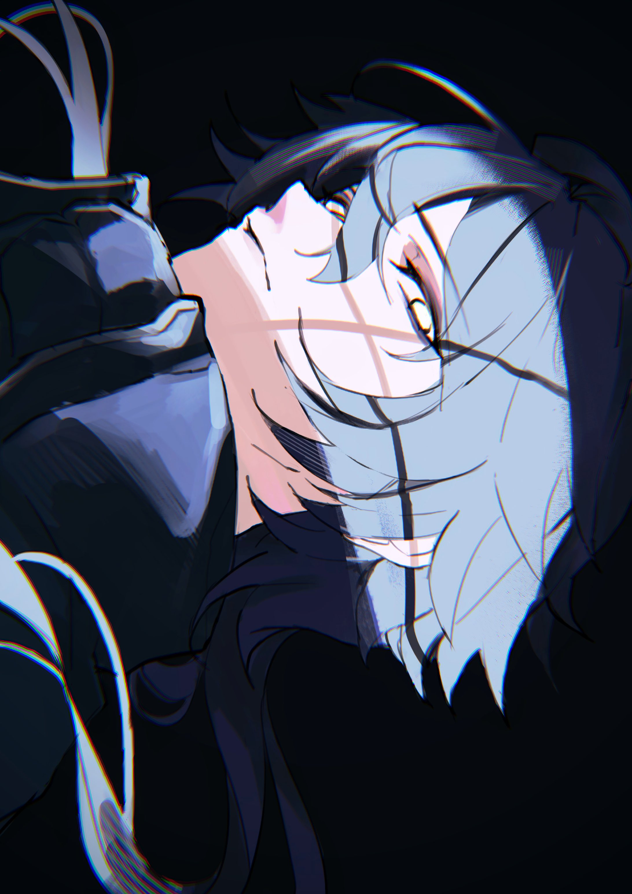 flins (genshin impact), genshin impact, absurdres, hashtag-only commentary, highres, 1boy, black background, closed mouth, empty eyes, floating hair, gradient hair, hair between eyes, long hair, looking at viewer, male focus, multicolored hair, parted bangs, sa 3987, sideways, sideways glance, simple background, solo, yellow eyes