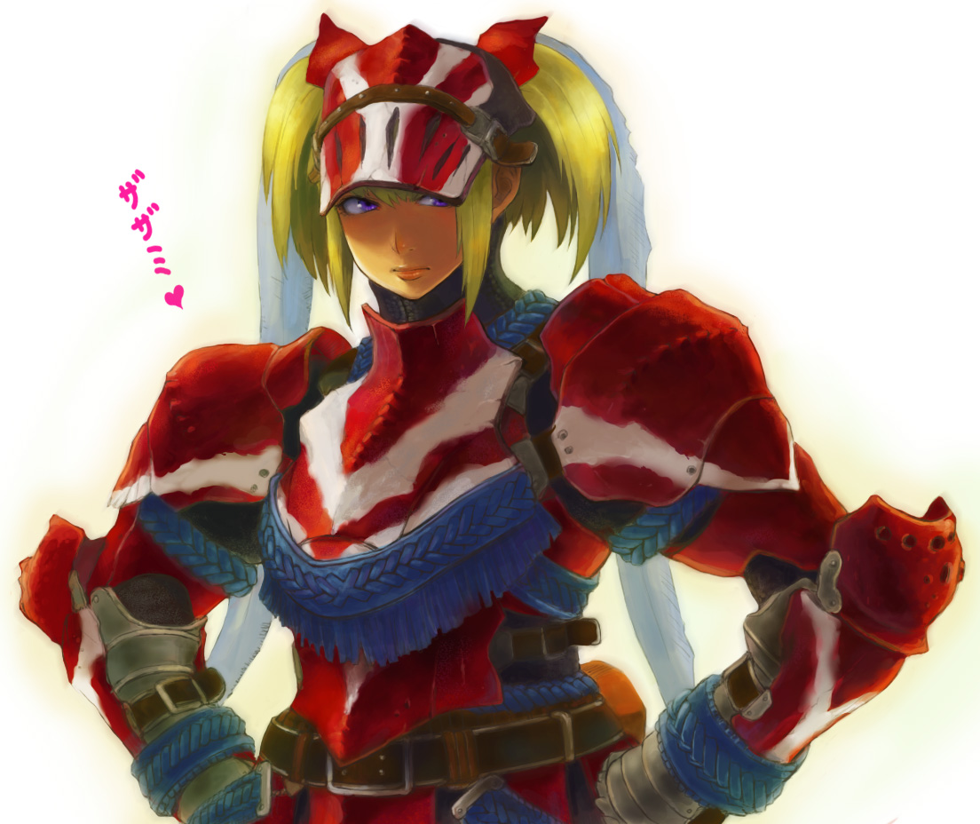 guchico, capcom, monster hunter (series), armor, blonde hair, blue eyes, helmet, hermitaur (armor), short hair, solo, twintails