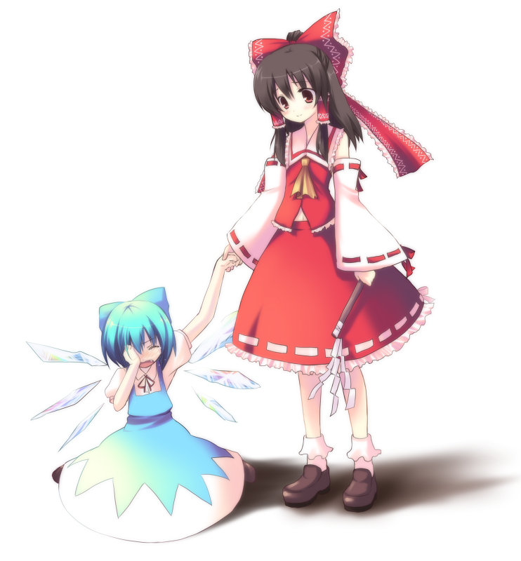 usume shirou, cirno, hakurei reimu, embodiment of scarlet devil, touhou, 2girls, bow, crying, gohei, hair bow, holding hands, kneeling, multiple girls, oonusa, sad, tears
