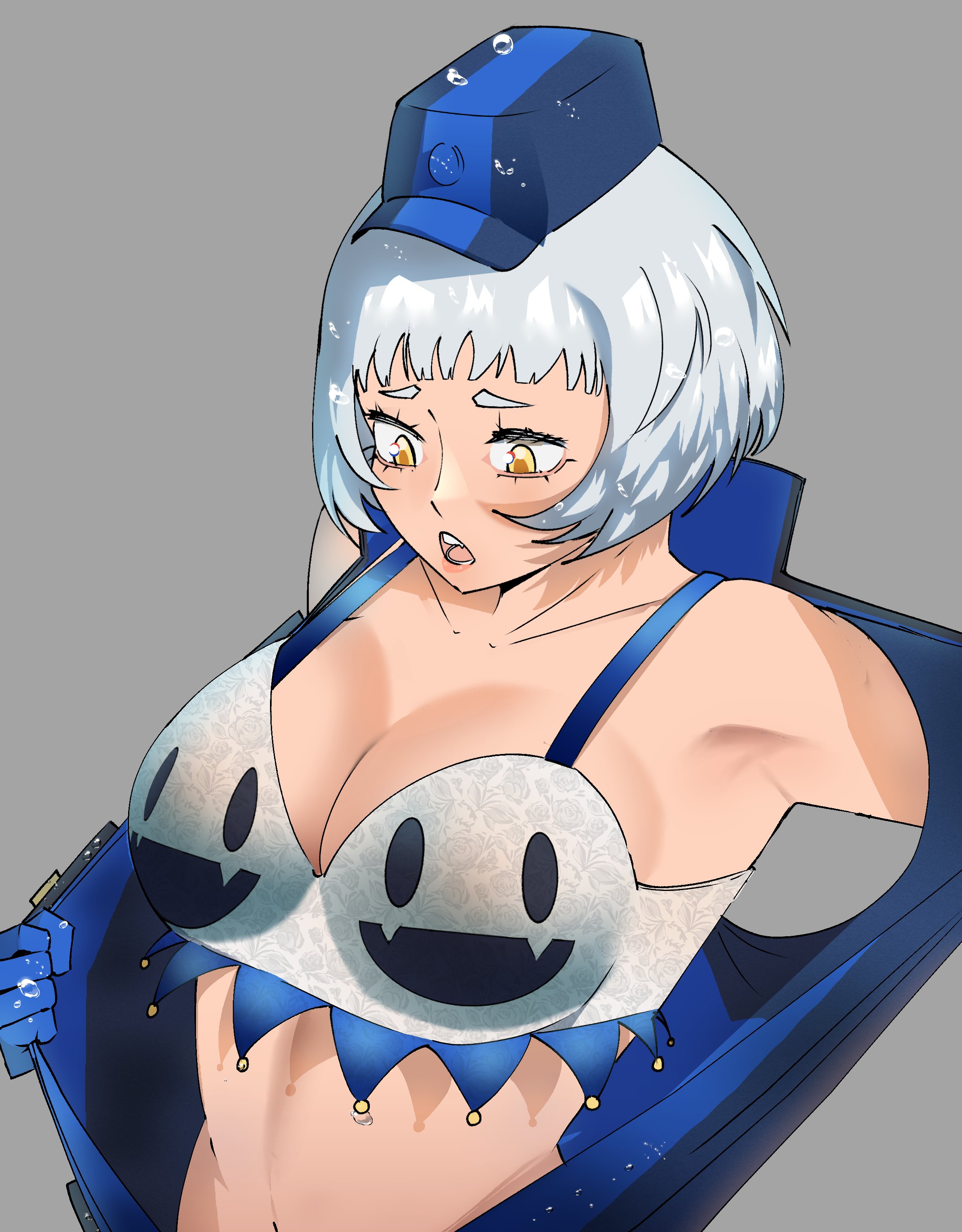 gjh, elizabeth (persona), persona, persona 3, persona 3 portable, persona 3 reload, absurdres, commentary, english commentary, highres, blue dress, blue gloves, blue hat, bra, breasts, dress, gloves, hat, open clothes, short hair, solo, underwear, wet, white hair, yellow eyes