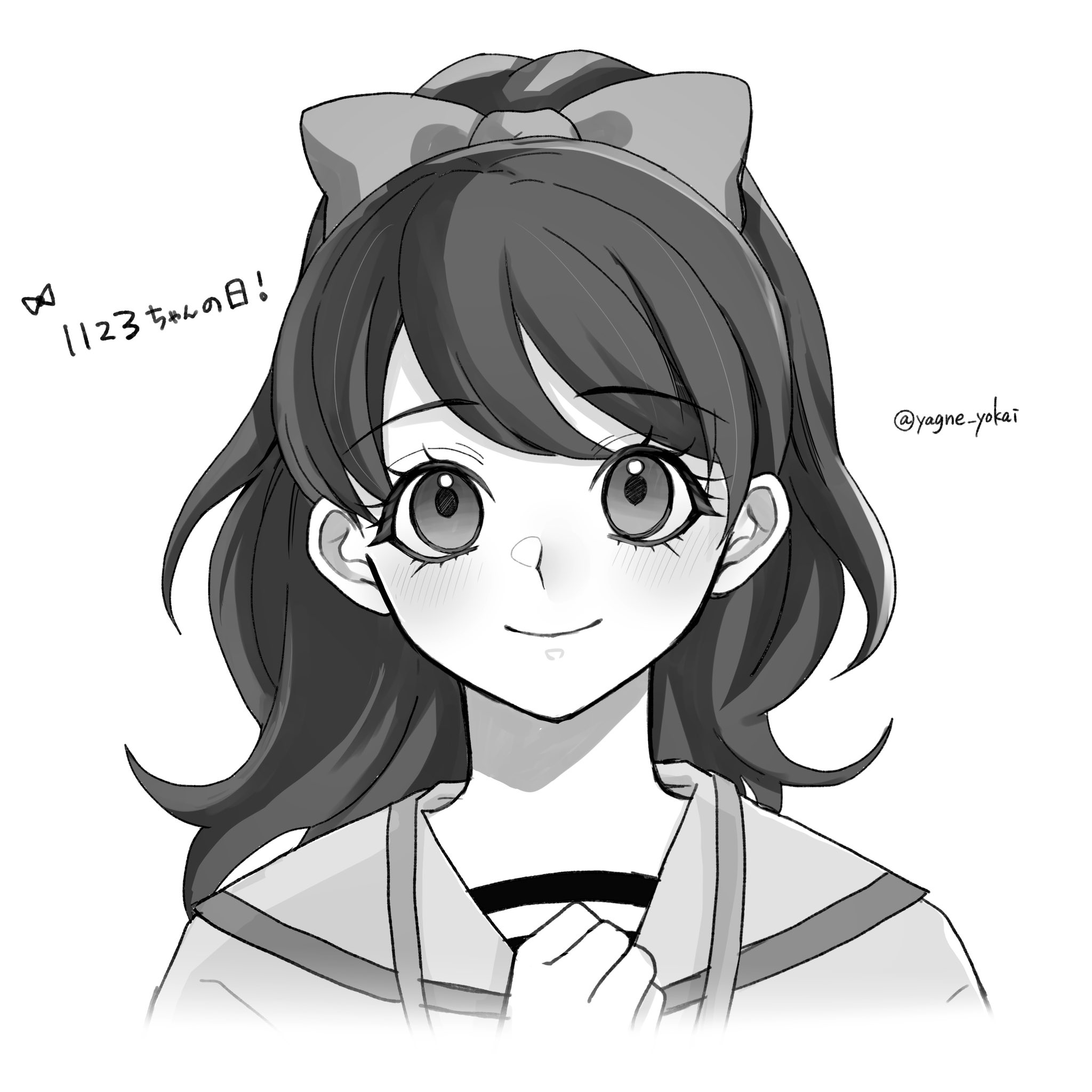 kodama fumika, youkai watch, commentary request, highres, translation request, 1girl, artist name, bow, greyscale, hair bow, long hair, looking at viewer, monochrome, ponytail, portrait, simple background, solo, white background, yagne yokai