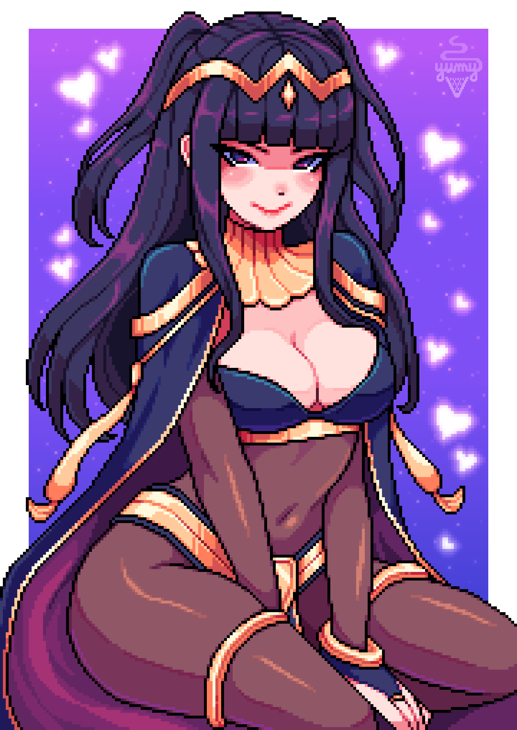 yumykon, tharja (fire emblem), fire emblem, nintendo, absurdres, commentary, english commentary, highres, 1girl, artist name, aseprite (medium), blush, bodystocking, border, breasts, bridal gauntlets, cleavage, covered navel, heart, large breasts, long hair, looking at viewer, outside border, pixel art, purple background, purple eyes, purple hair, sitting, smile, solo, two-tone cape, white border
