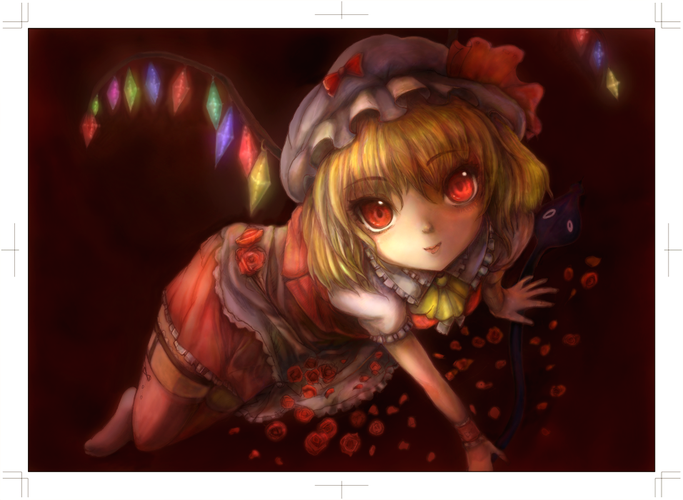 shoukou, flandre scarlet, touhou, 1girl, blonde hair, female focus, flower, hat, petals, red eyes, rose, short hair, solo, staring, thighhighs, wings