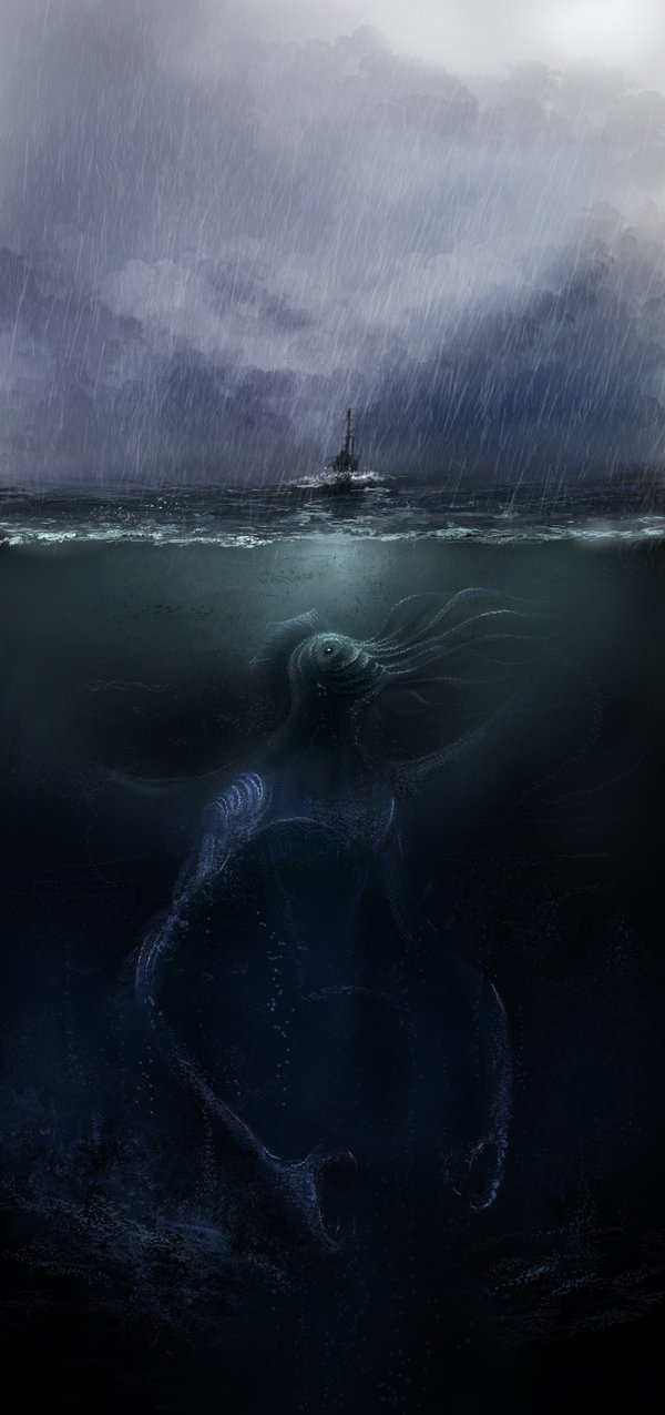 cthulhu, call of cthulhu, cthulhu mythos, artist request, highres, boat, cloud, dark, dark cloud, evil grin, evil smile, giant, grand scale, grin, horror (theme), monster, no humans, ocean, partially underwater shot, rain, size difference, smile, tentacles, underwater, watercraft
