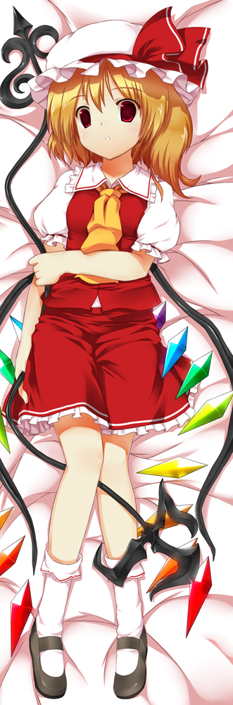 shiratama dango, flandre scarlet, touhou, long image, tall image, 1girl, black shoes, blonde hair, blouse, collared shirt, dakimakura (medium), female focus, full body, hair between eyes, hat, mob cap, one side up, ponytail, red eyes, shirt, shoes, short hair, side ponytail, socks, solo, white hat, white shirt, white socks, wings