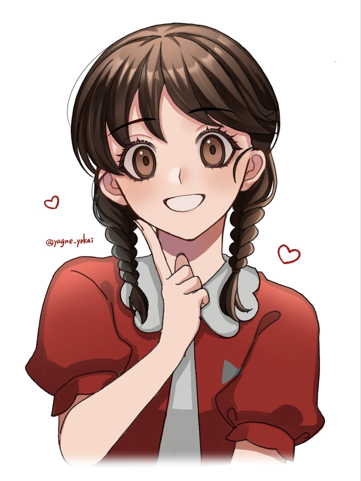 amano natsume, youkai watch, youkai watch shadowside, commentary request, highres, 1girl, artist name, braid, brown eyes, brown hair, grin, heart, looking at viewer, low twin braids, medium hair, red shirt, shirt, short sleeves, simple background, smile, solo, twin braids, upper body, white background, yagne yokai