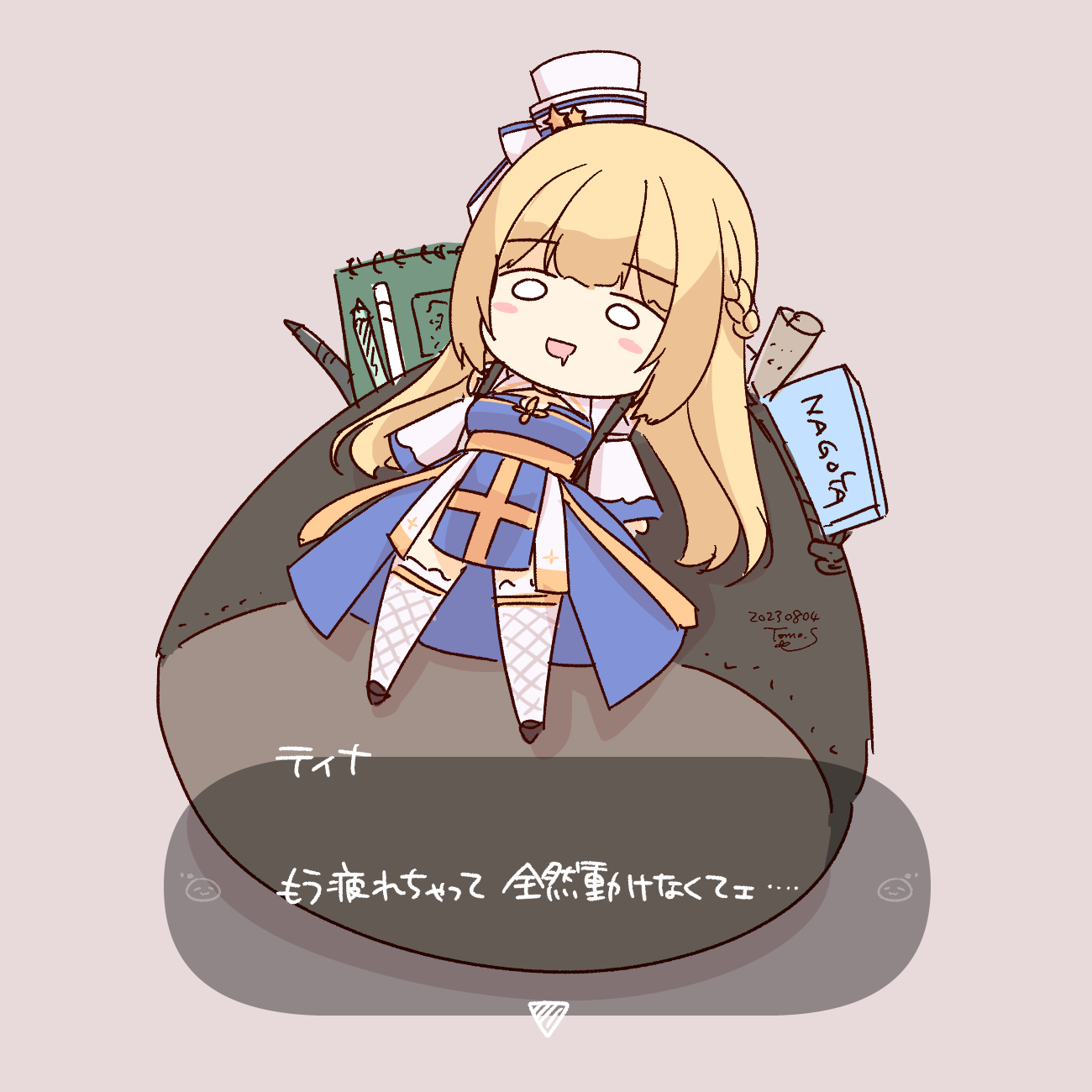 sakuraji tomoka, arch bishop (ragnarok online), korok, nintendo, ragnarok online, the legend of zelda, the legend of zelda: tears of the kingdom, commentary request, highres, translated, 1girl, :d, black shoes, blonde hair, blue dress, blush, braid, breasts, brown background, chibi, cross, dress, fishnet thighhighs, fishnets, full body, hat, hat ornament, long hair, medium breasts, notebook, open mouth, pelvic curtain, pillbox hat, sash, shoes, simple background, smile, solo, star (symbol), star hat ornament, thighhighs, two-tone dress, white dress, white hat, white thighhighs, yellow sash