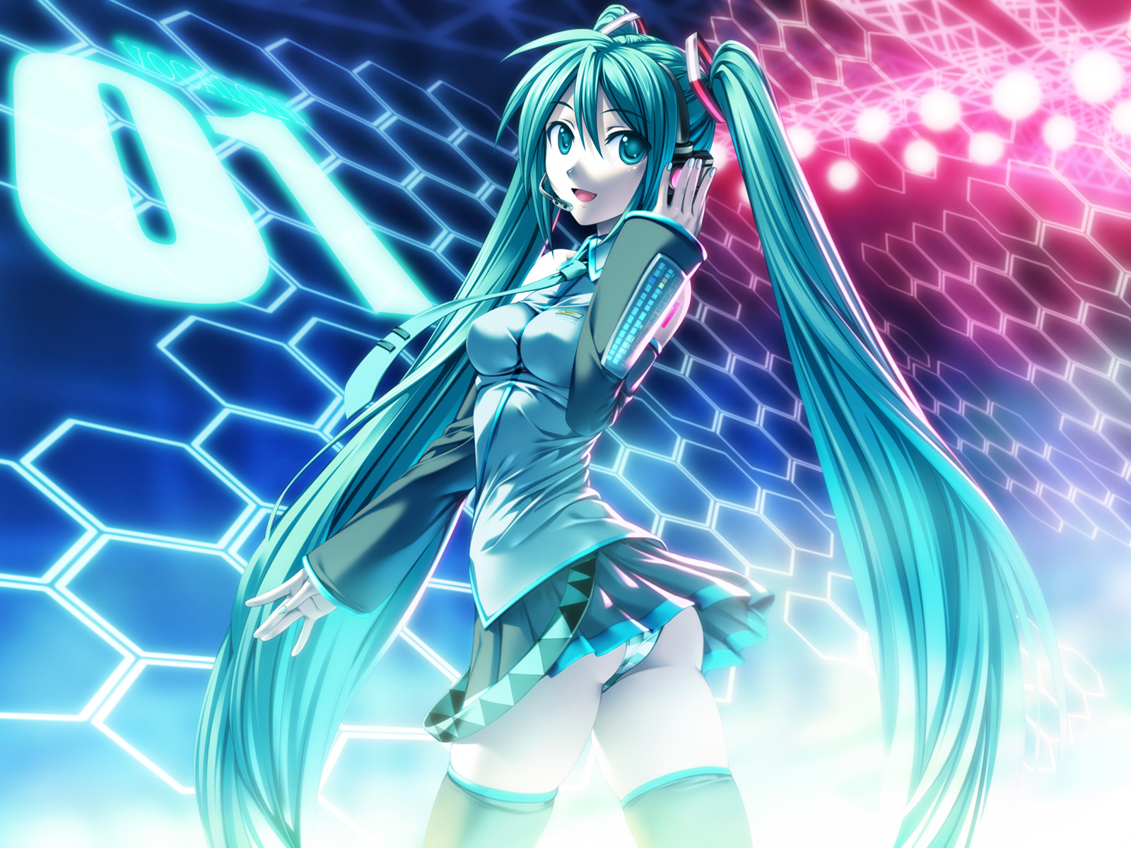 rezi, hatsune miku, vocaloid, colorized, highres, 1girl, aqua eyes, aqua hair, female focus, long hair, panties, pantyshot, skirt, solo, thighhighs, twintails, underwear, upskirt