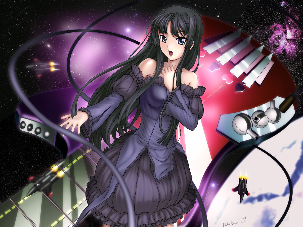 akiyama mio, k-on!, 00s, 1girl, black eyes, black hair, dress, female focus, frills, gown, long hair, solo, space