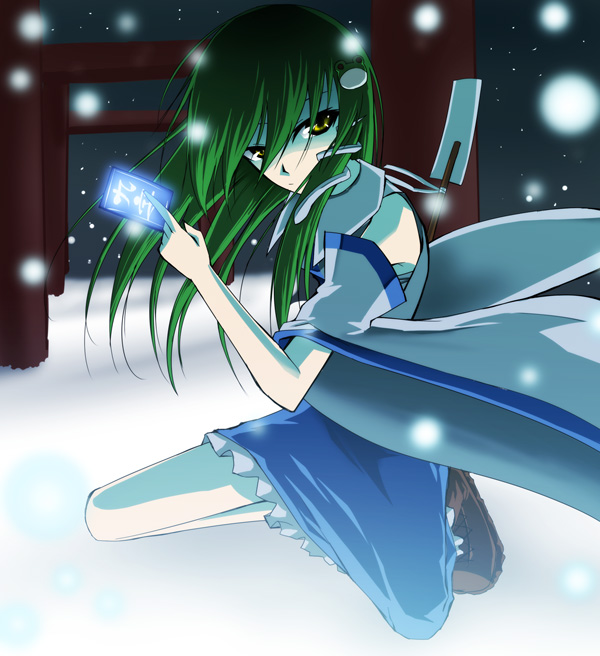 din (artist), din (flypaper), kochiya sanae, touhou, bad id, bad pixiv id, 1girl, female focus, gohei, green hair, kneeling, ofuda, oonusa, snow, solo
