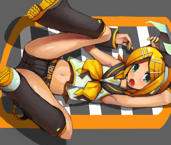 goe, kagamine rin, vocaloid, bad drawr id, bad id, 1girl, aqua eyes, arms up, blonde hair, bow, bowtie, detached sleeves, drawr, feet, female focus, hair ornament, hairclip, legs, lying, midriff, navel, sailor collar, shoe soles, shoes, shorts, soles, solo, spread legs