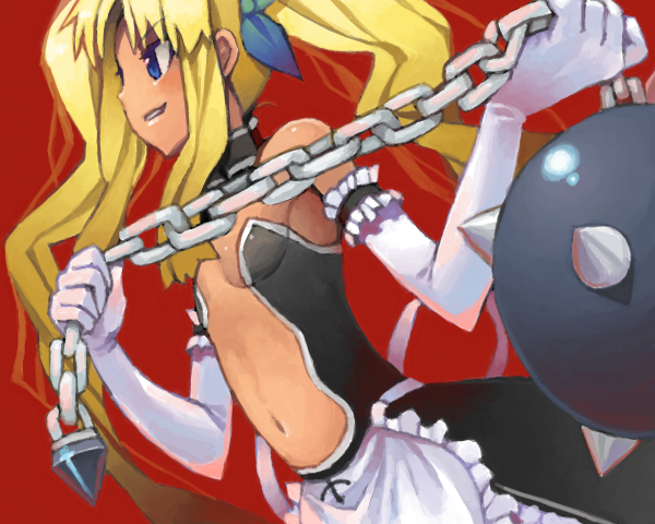 goe, juliet, juliet (vanpri), vanguard princess, bad drawr id, bad id, 1girl, ball and chain (weapon), bare shoulders, blonde hair, blue eyes, chain, drawr, elbow gloves, female focus, flail, gloves, hair ribbon, long hair, midriff, morning star, navel, ribbon, solo, spiked ball and chain, twintails, weapon, white gloves