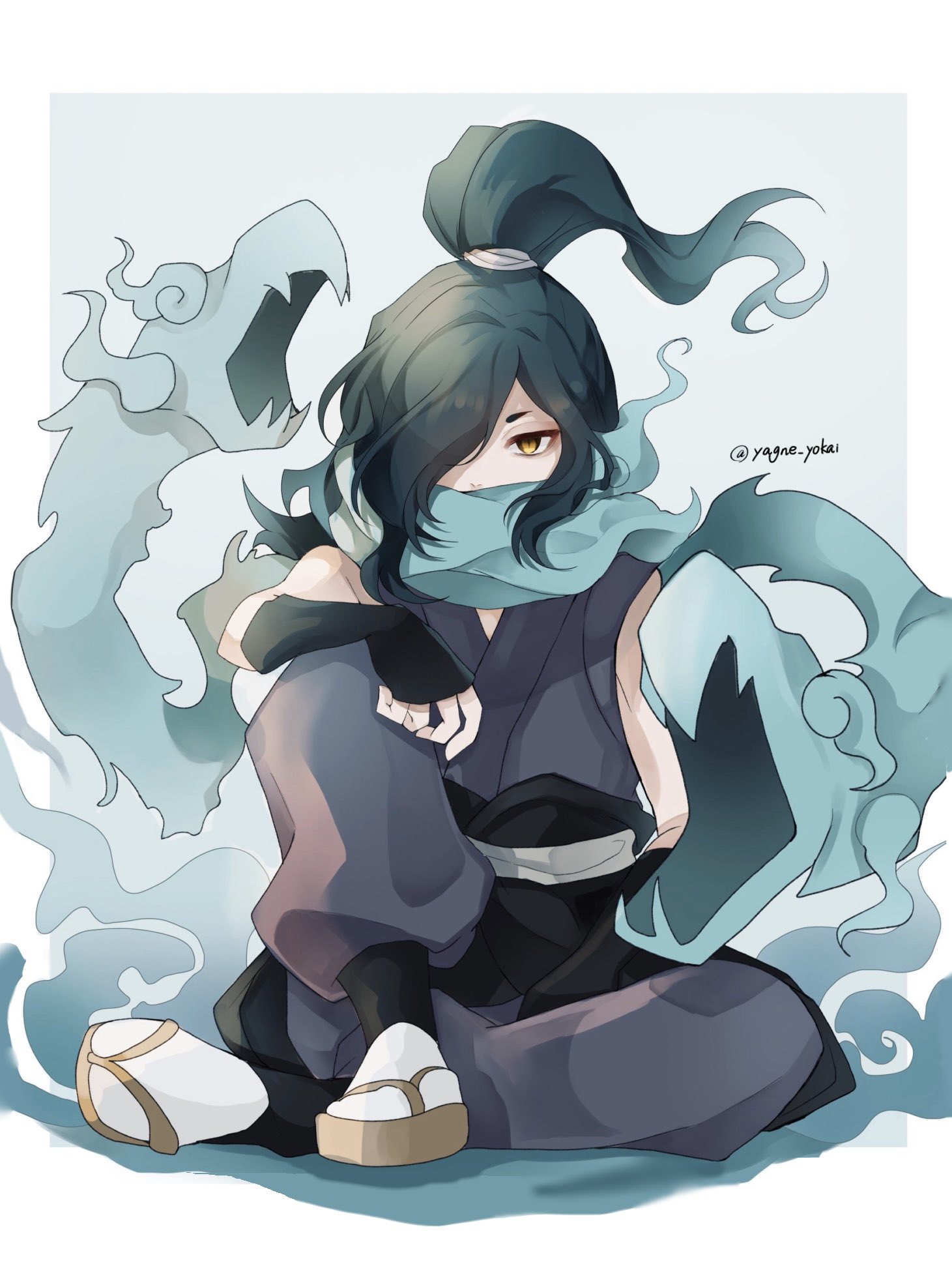 orochi (youkai watch), youkai watch, commentary request, highres, 1boy, aqua hair, artist name, black gloves, brown eyes, fingerless gloves, gloves, hair over one eye, japanese clothes, long hair, looking at viewer, ponytail, sandals, sitting, socks, solo, white socks, yagne yokai, youkai (youkai watch)