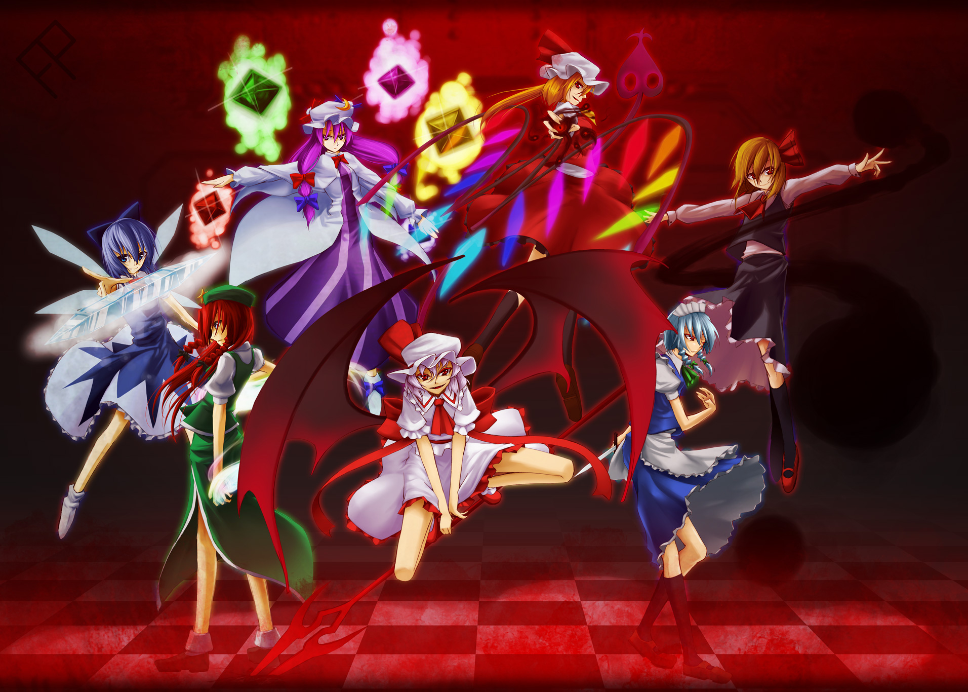 din (artist), din (flypaper), cirno, flandre scarlet, hong meiling, izayoi sakuya, patchouli knowledge, remilia scarlet, rumia, embodiment of scarlet devil, touhou, silver hair, bad id, bad pixiv id, highres, 6+girls, bat wings, blonde hair, blue eyes, blue hair, bow, braid, china dress, chinese clothes, crescent, crescent moon, darkness, dress, hair bow, hair ribbon, hat, knife, laevatein, long hair, maid, maid headdress, moon, multiple girls, purple eyes, purple hair, red eyes, red hair, ribbon, short hair, spear the gungnir, twin braids, wings