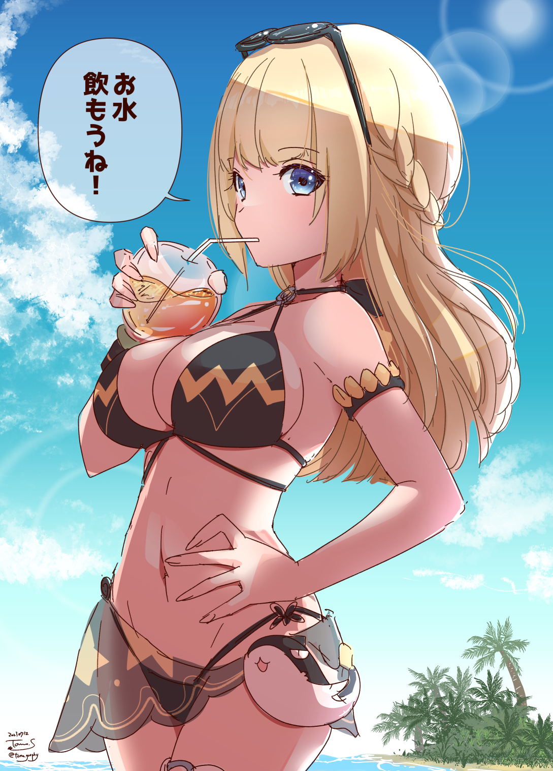 sakuraji tomoka, ragnarok masters, ragnarok online, commentary request, highres, translation request, 1girl, alternate costume, beach, bikini, black bikini, blonde hair, blue eyes, braid, breasts, cowboy shot, dated, day, drinking, drinking straw, drinking straw in mouth, eyewear on head, half up braid, large breasts, lens flare, long hair, looking at viewer, multi-strapped bikini top, ocean, outdoors, palm tree, signature, solo, stuffed whale, sunglasses, swimsuit, tree, water