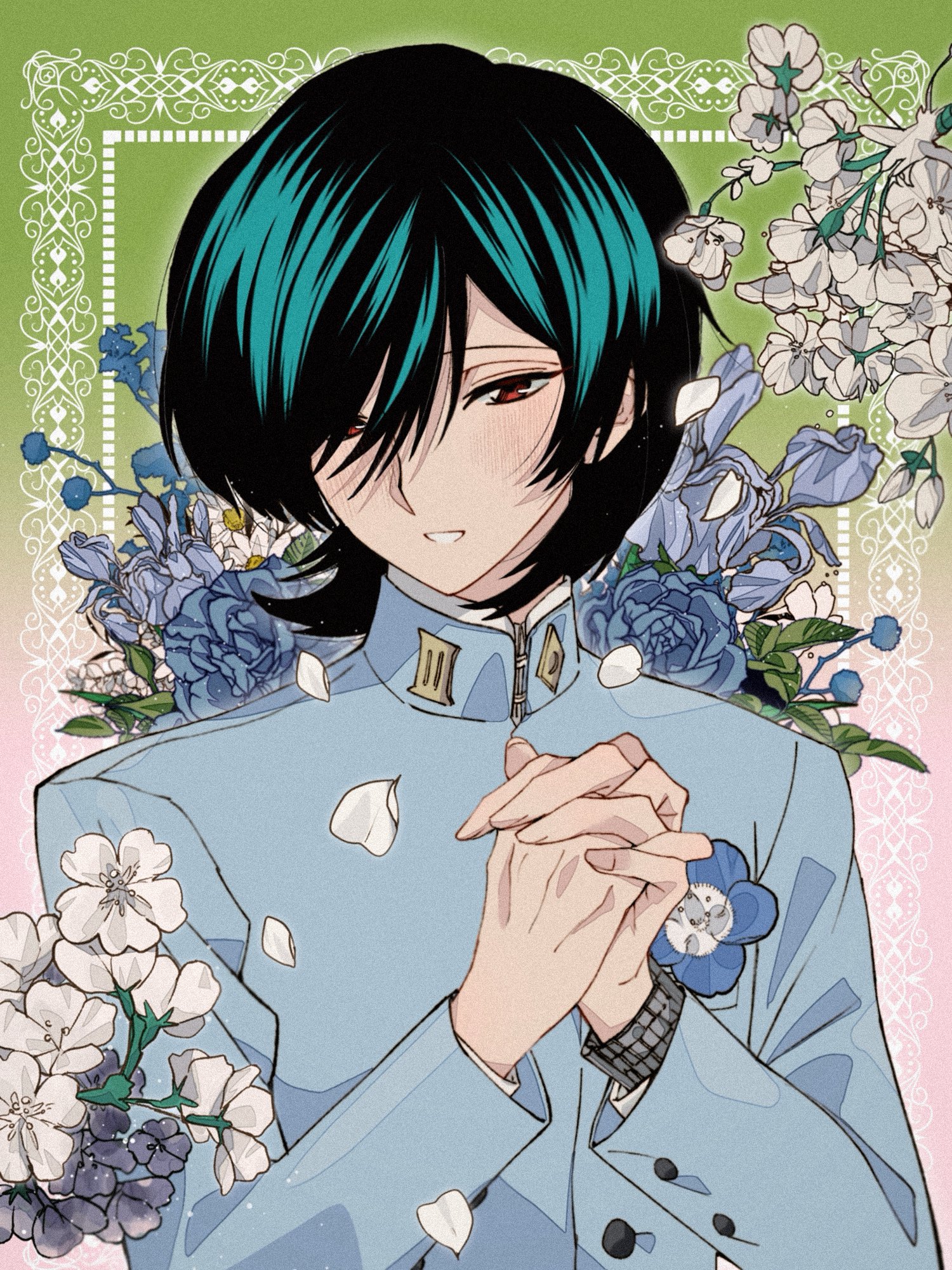 prsn ebbb (ebibibi), kurosu jun, persona, persona 2, flower request, hashtag-only commentary, highres, 1boy, bishounen, black hair, blue flower, blush, border, buttoned cuffs, buttons, collared jacket, flower, hair over one eye, inset border, jacket, kasugayama high school uniform, layered sleeves, leaf, long sleeves, male focus, ornate border, own hands clasped, own hands together, parted hair, parted lips, plant, red eyes, school uniform, smile, solo, upper body, white flower