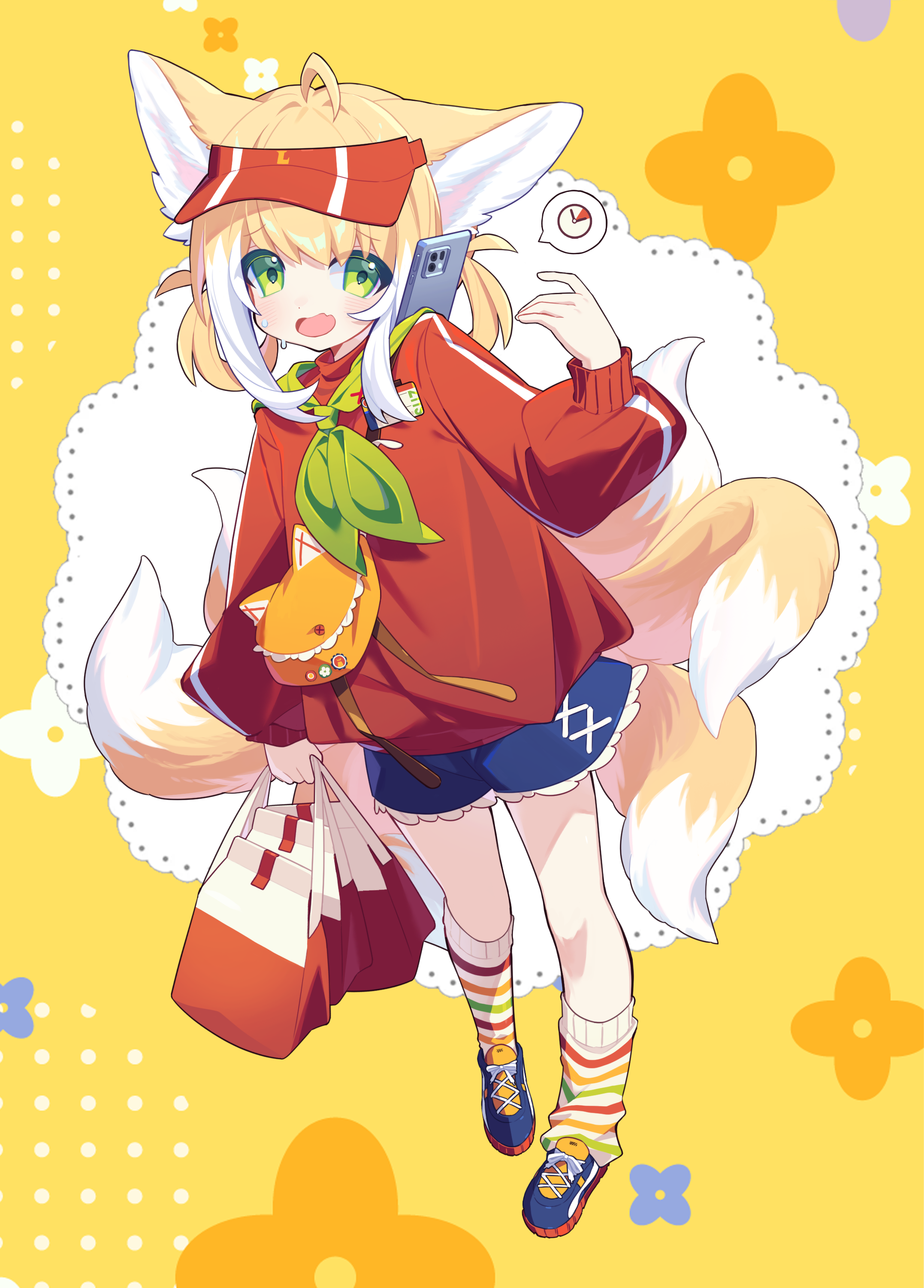 miaoneko, suzuran (arknights), arknights, absurdres, highres, 1girl, alternate costume, animal ears, bag, blonde hair, fox ears, fox girl, fox tail, full body, green eyes, holding, multiple tails, shorts, socks, solo, tail
