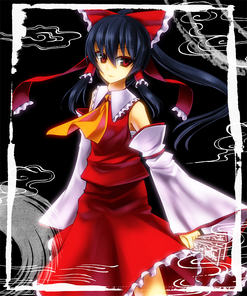 din (artist), din (flypaper), hakurei reimu, touhou, bad id, bad pixiv id, 1girl, black hair, detached sleeves, female focus, japanese clothes, miko, red eyes, solo