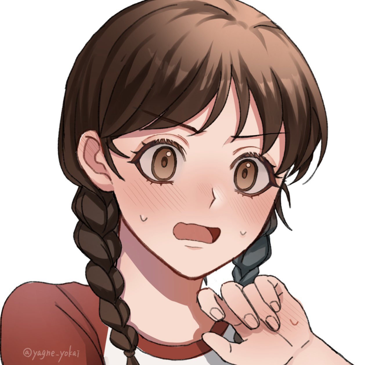 amano natsume, youkai watch, youkai watch shadowside, commentary request, highres, 1girl, artist name, blush, braid, brown eyes, brown hair, low twin braids, medium hair, open mouth, portrait, red shirt, shirt, simple background, solo, sweat, twin braids, white background, yagne yokai