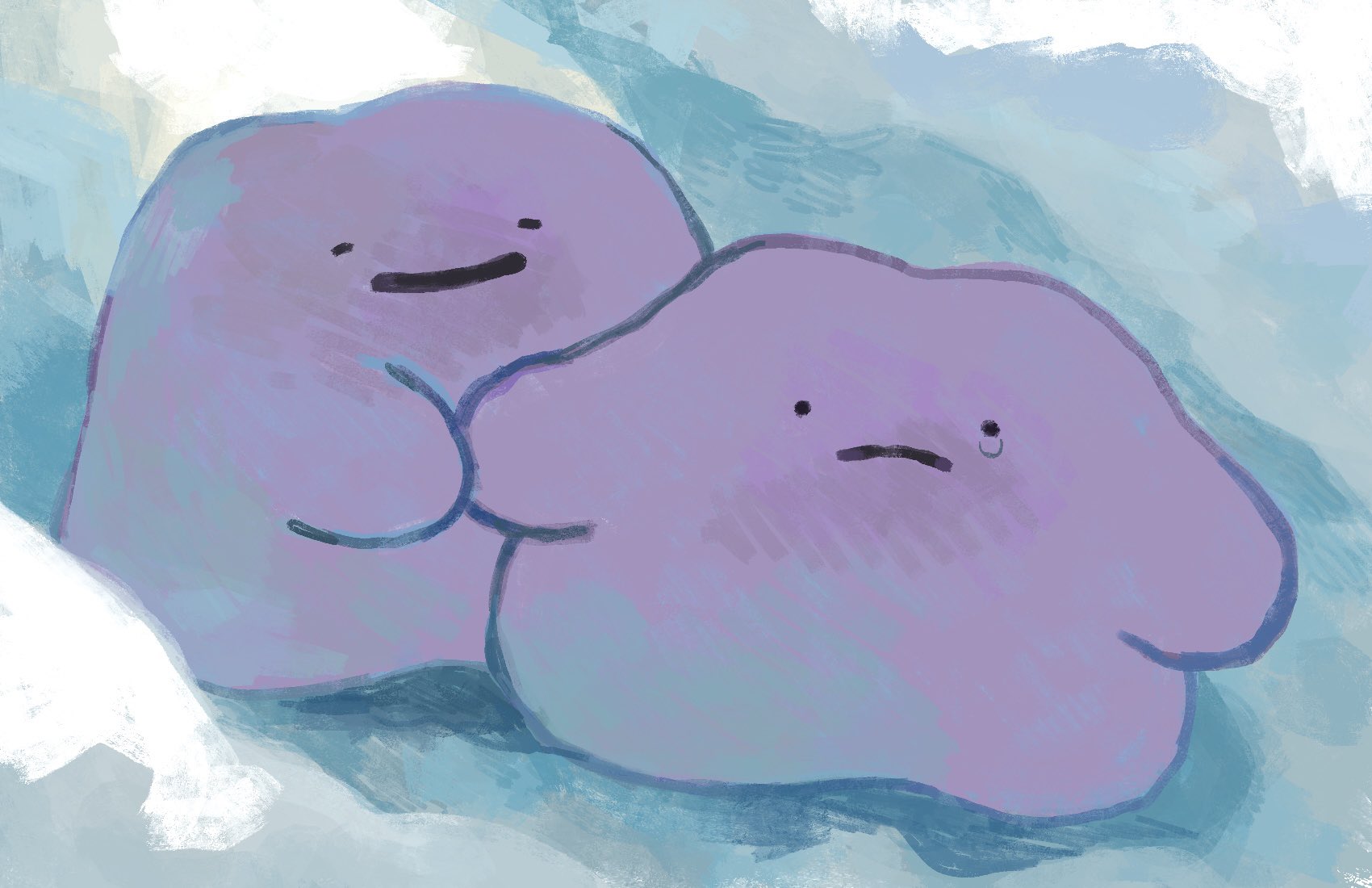 dateko (da0316teko), ditto, nintendo, pokemon, highres, closed eyes, closed mouth, colored skin, frown, gen 1 pokemon, holding hands, no humans, pokemon (creature), pokemon focus, purple skin, smile, tears