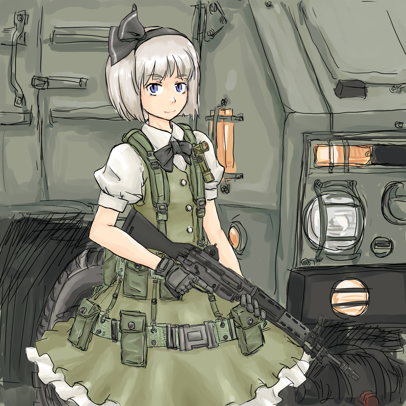 michael-x, konpaku youmu, touhou, silver hair, highres, 1girl, assault rifle, blue eyes, female focus, gloves, gun, hairband, holding, holding gun, holding weapon, howa type 89, military, military operator, rifle, short hair, solo, trigger discipline, weapon