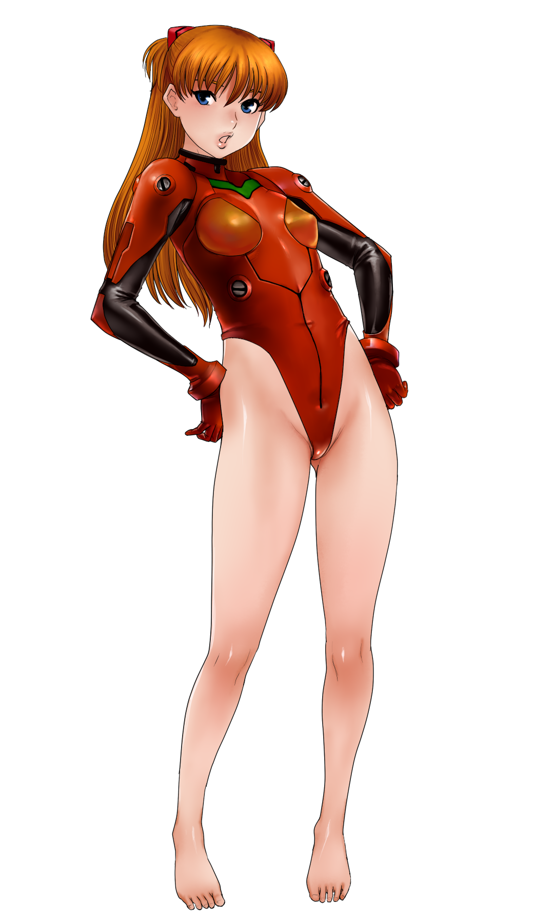 matoyama, souryuu asuka langley, neon genesis evangelion, highres, 1girl, adapted costume, alternate costume, armpits, bare legs, barefoot, blue eyes, breasts, brown hair, covered navel, feet, female focus, full body, gloves, hair between eyes, hands on own hips, highleg, highleg leotard, leotard, lips, long hair, looking at viewer, mecha pilot suit, necktie, parted lips, plugsuit (evangelion), red leotard, shiny clothes, shiny skin, simple background, solo, thighs, two side up, white background, wide hips