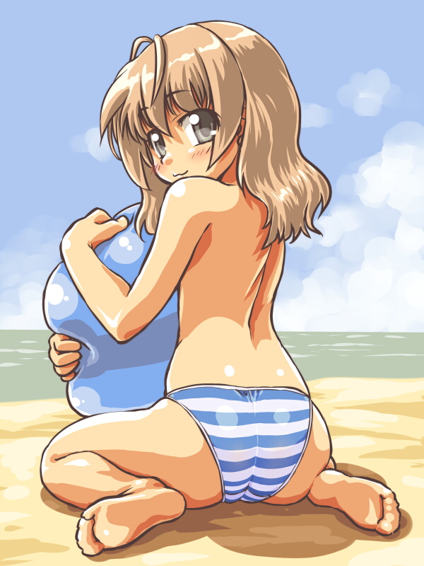 dd (ijigendd), original, bad id, bad pixiv id, 1girl, :3, ass, barefoot, beach, bikini, blush, brown hair, day, feet, female focus, flat chest, loli, looking back, outdoors, solo, striped bikini, striped clothes, swimsuit, topfreedom, topless female