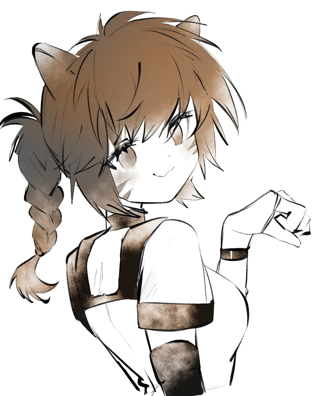 arya melati, laguz (fire emblem), lyre (fire emblem), fire emblem, fire emblem: radiant dawn, nintendo, commission, commissioner upload, highres, 1girl, animal ears, blush, braid, cat ears, cat girl, eyelashes, facepaint, facial mark, hair between eyes, looking at viewer, messy hair, monochrome, paw pose, smile, solo, whisker markings, white background