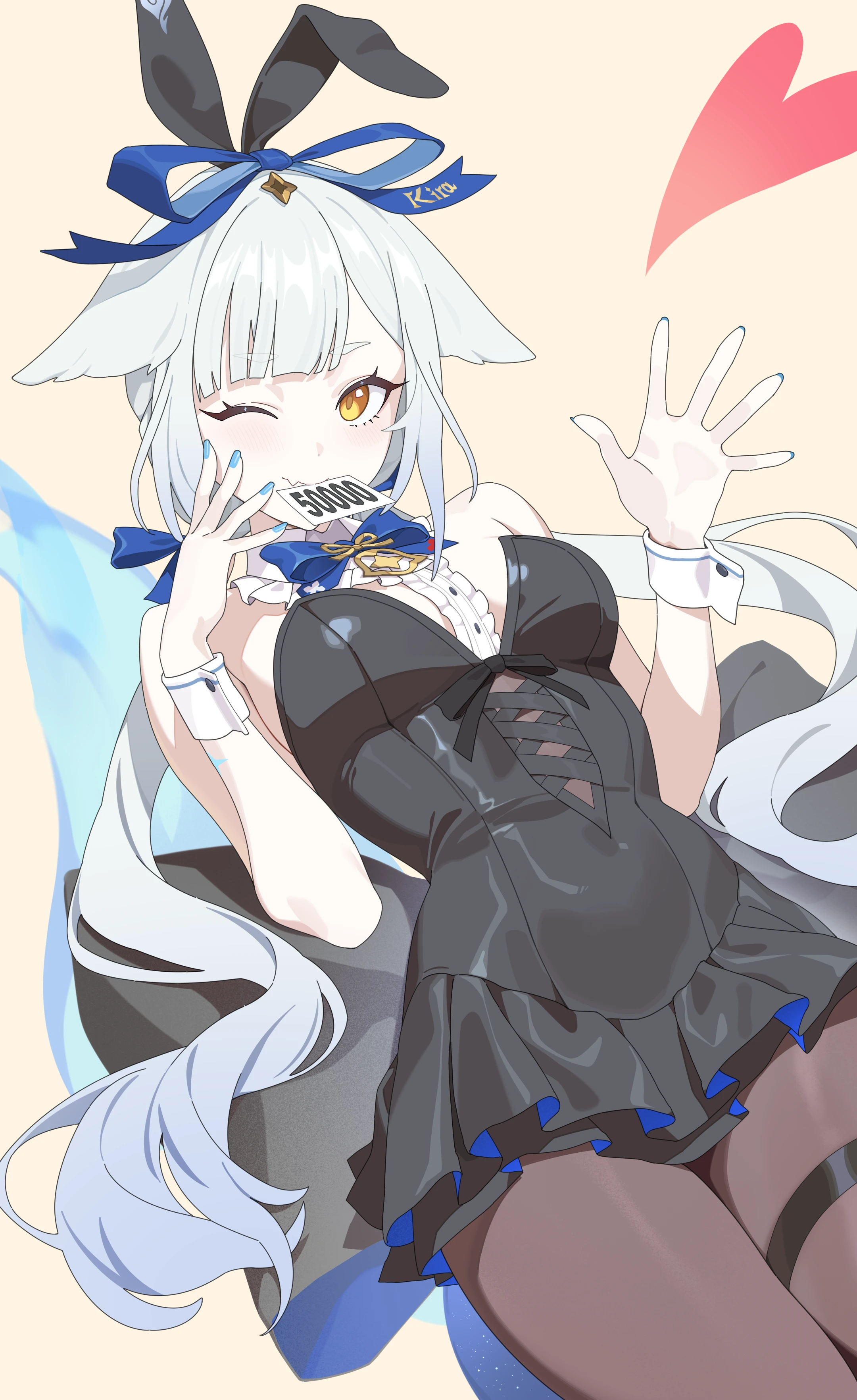 lamser, indie virtual youtuber, absurdres, character request, chinese commentary, commentary request, highres, second-party source, 1girl, animal ears, bare shoulders, between breasts, black leotard, black pantyhose, blue nails, blue ribbon, blue trim, blunt bangs, bow, breasts, center frills, character name, closed mouth, collar, criss-cross straps, detached collar, dutch angle, fake animal ears, fang, frilled collar, frilled leotard, frills, grey hair, hair ribbon, hands up, headpiece, heart, large bow, leotard, long hair, looking at viewer, low twintails, medium breasts, milestone celebration, mouth hold, nail polish, one eye closed, open hand, pantyhose, paper, playboy bunny, rabbit ears, ribbon, sidelocks, single ear down, skin fang, solo, star (symbol), strapless, strapless leotard, tail, thigh strap, twintails, two-sided fabric, very long hair, virtual youtuber, wrist cuffs, yellow background, yellow eyes