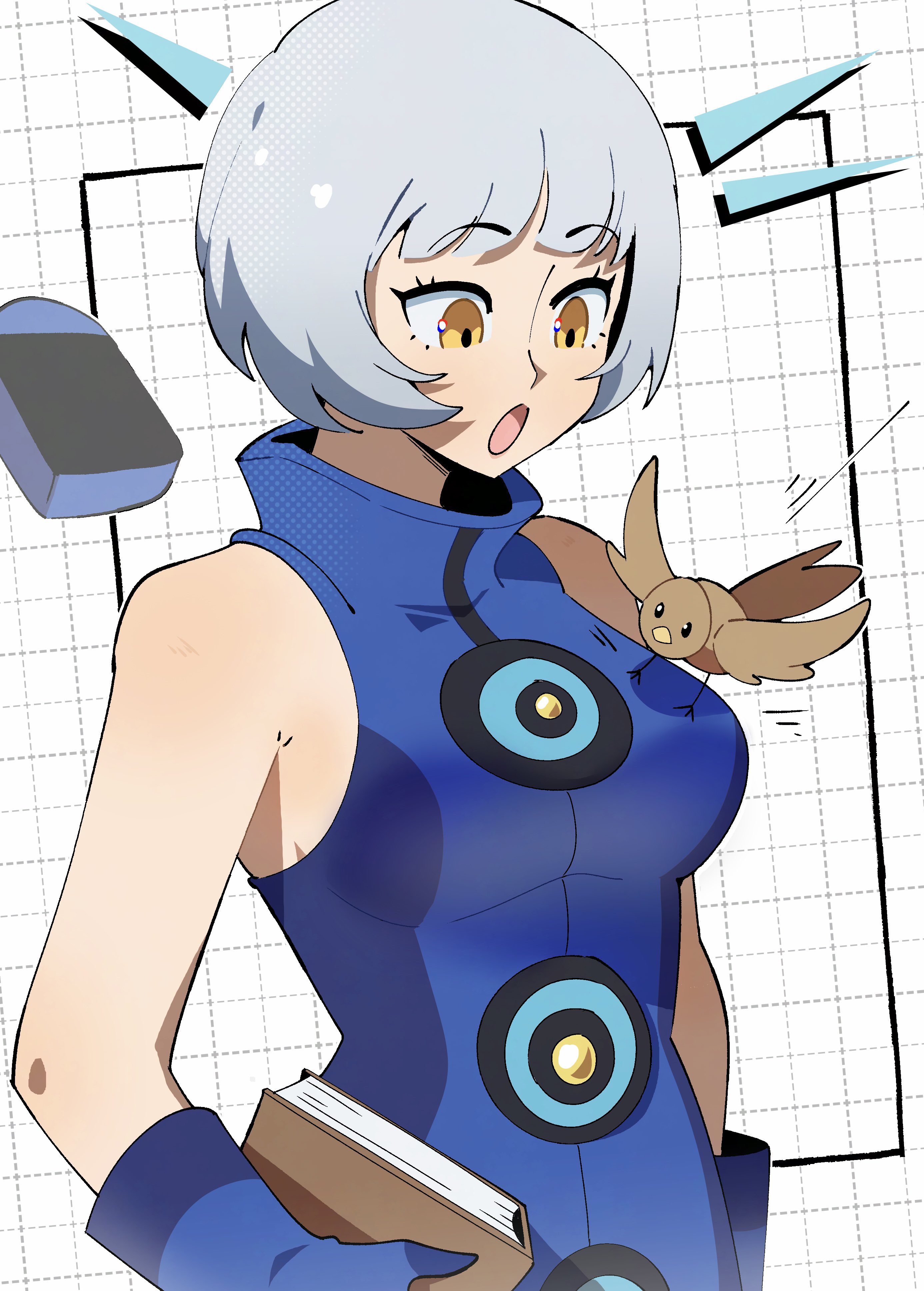 gjh, elizabeth (persona), persona, persona 3, persona 3 portable, persona 3 reload, absurdres, highres, bird, blue dress, blue gloves, blue hat, book, dress, gloves, hat, short hair, solo, white hair, yellow eyes