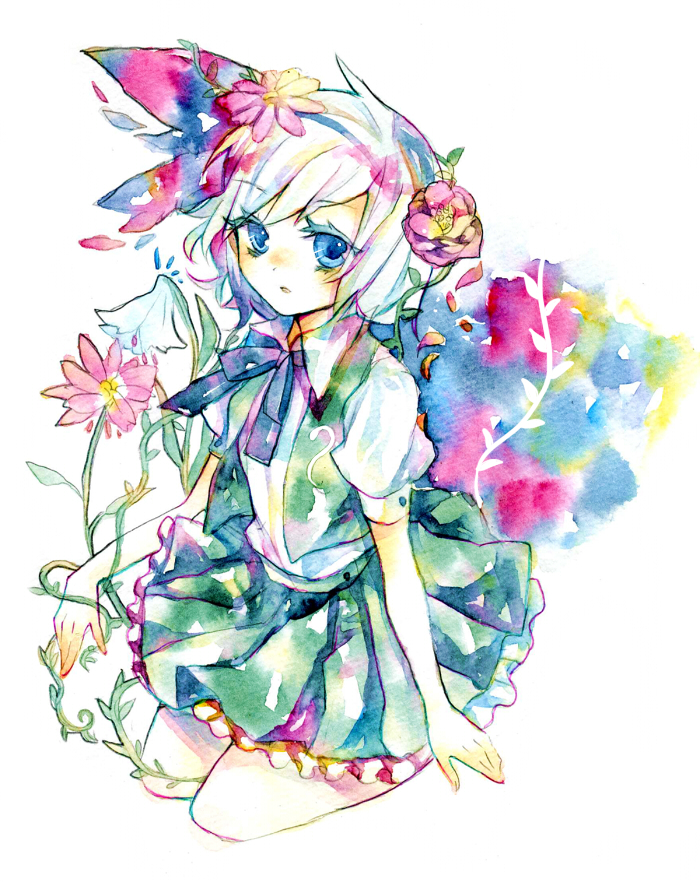 legomaru, konpaku youmu, touhou, silver hair, painting (medium), traditional media, watercolor (medium), 1girl, blue eyes, colorful, female focus, flower, full body, hairband, plant, short hair, skirt, solo, white background