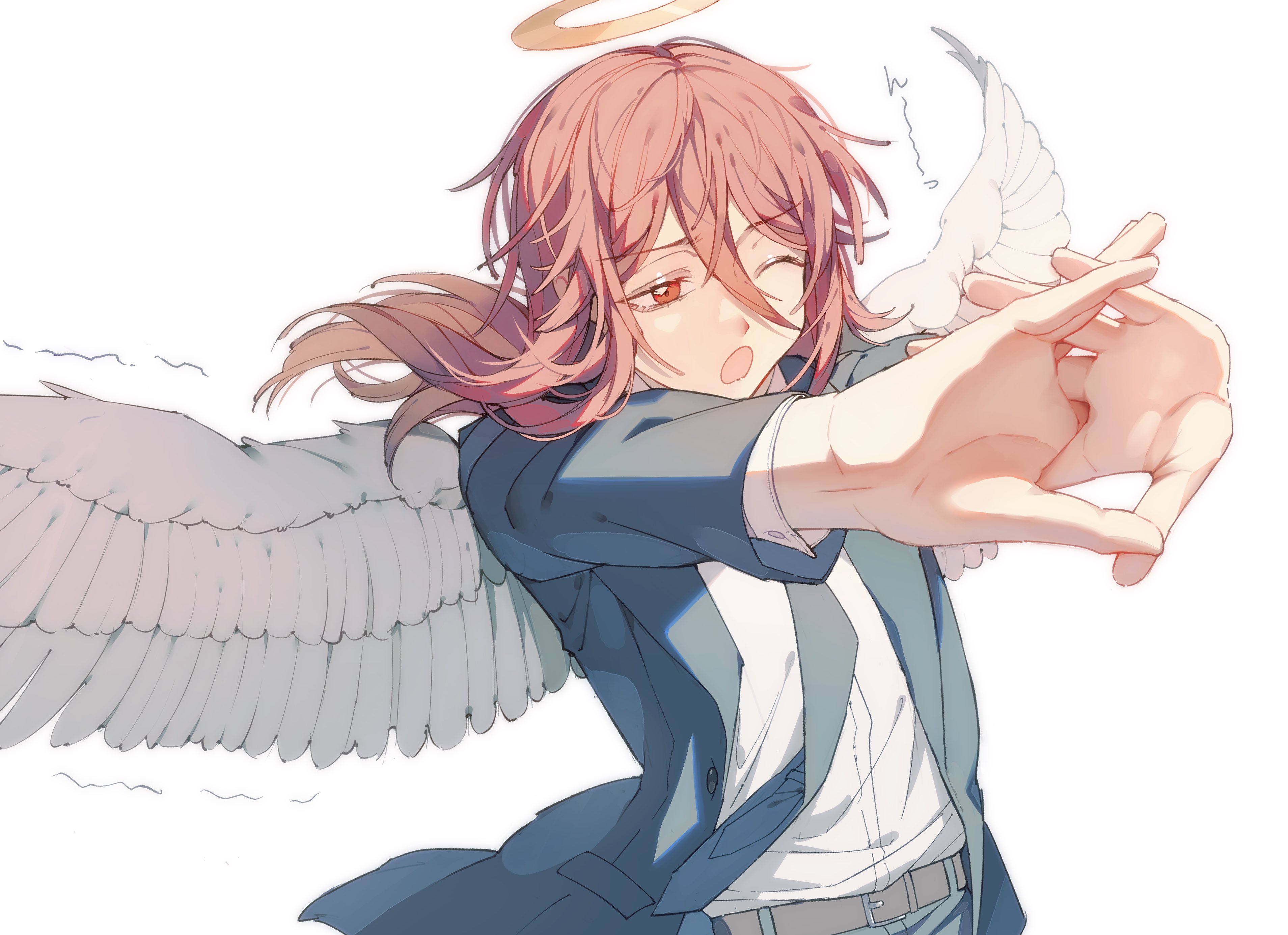 deep (deep4946), angel devil (chainsaw man), chainsaw man, absurdres, commentary request, highres, 1boy, androgynous, angel, angel wings, belt, black jacket, brown belt, floating hair, hair between eyes, halo, jacket, layered sleeves, long hair, long sleeves, male focus, one eye closed, open clothes, open jacket, open mouth, outstretched arms, parted hair, red eyes, red hair, shirt, shirt tucked in, solo, stretching, suit jacket, white shirt, white wings, wings